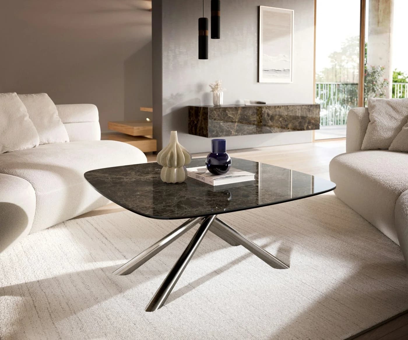 DELIFE Couchtisch Edge Boot 90x90 cm Keramik Dunkelbraun Silber