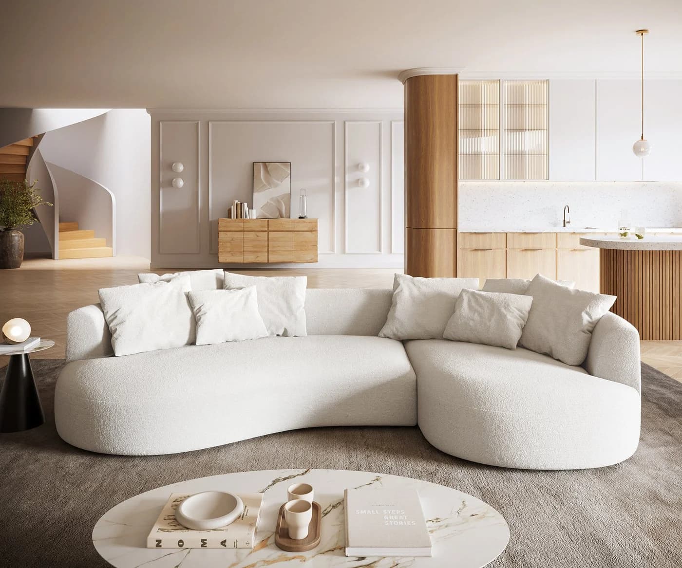 DELIFE Big-Sofa Edina Beige Bouclé Soft mit Récamiere