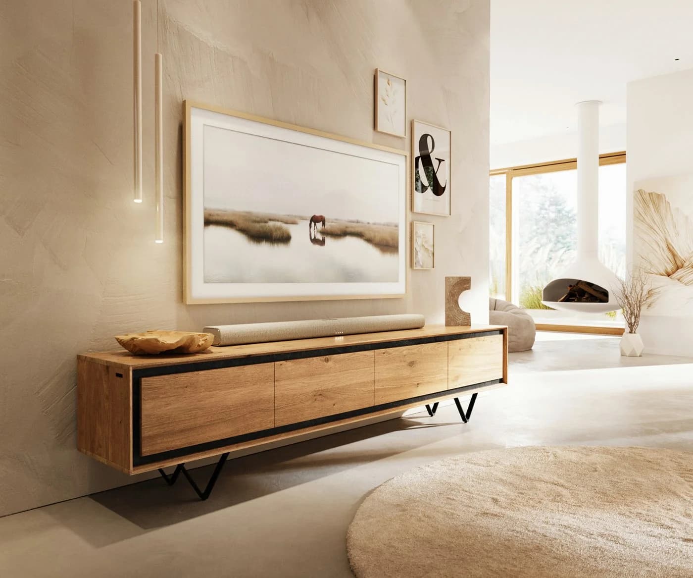 DELIFE Lowboard Stonegrace Eiche Natur Schwarz 4 Türen Steinfurnier - Bild 2