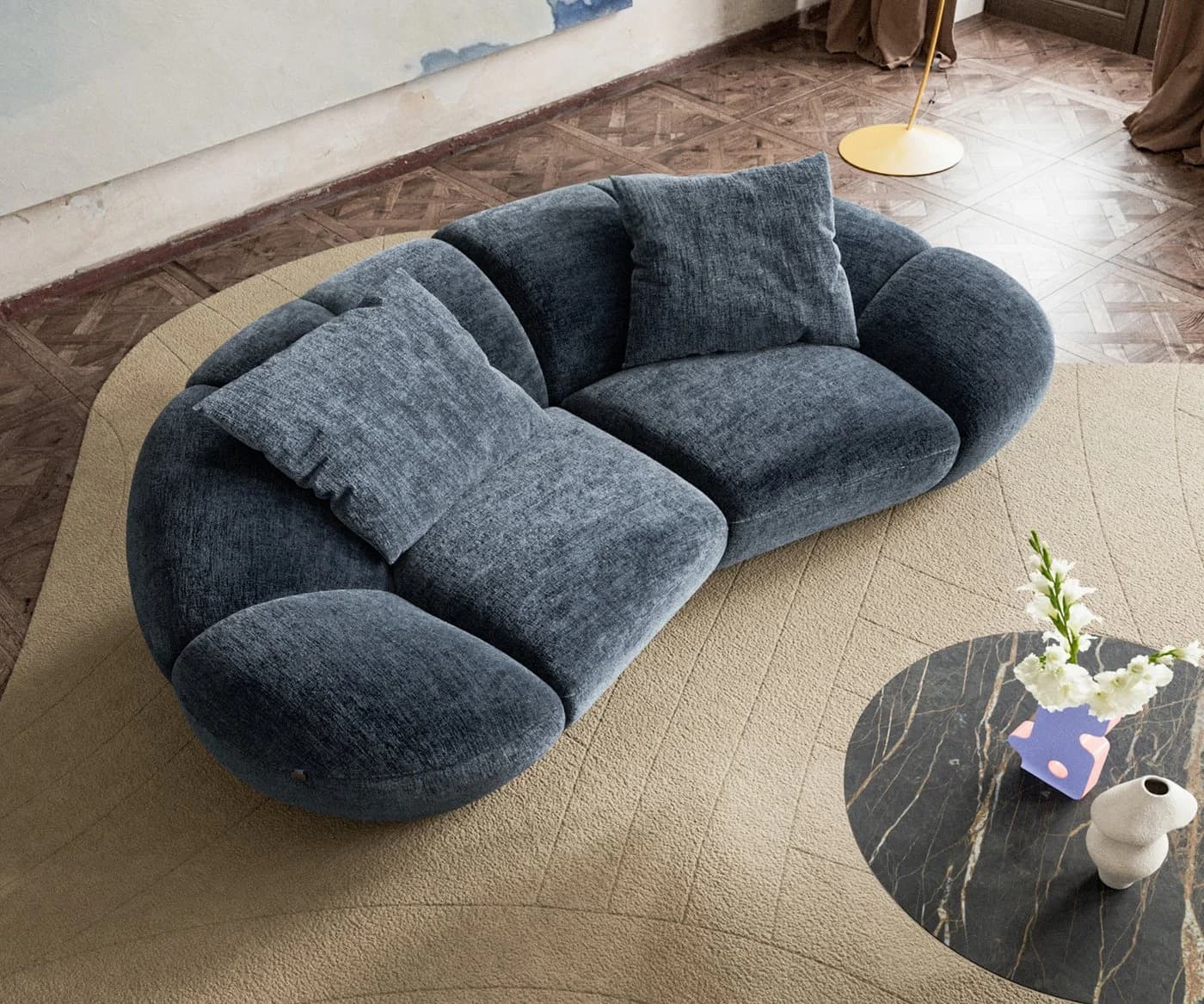 DELIFE Big-Sofa Lunna Chenille Blau mit 2 Kissen