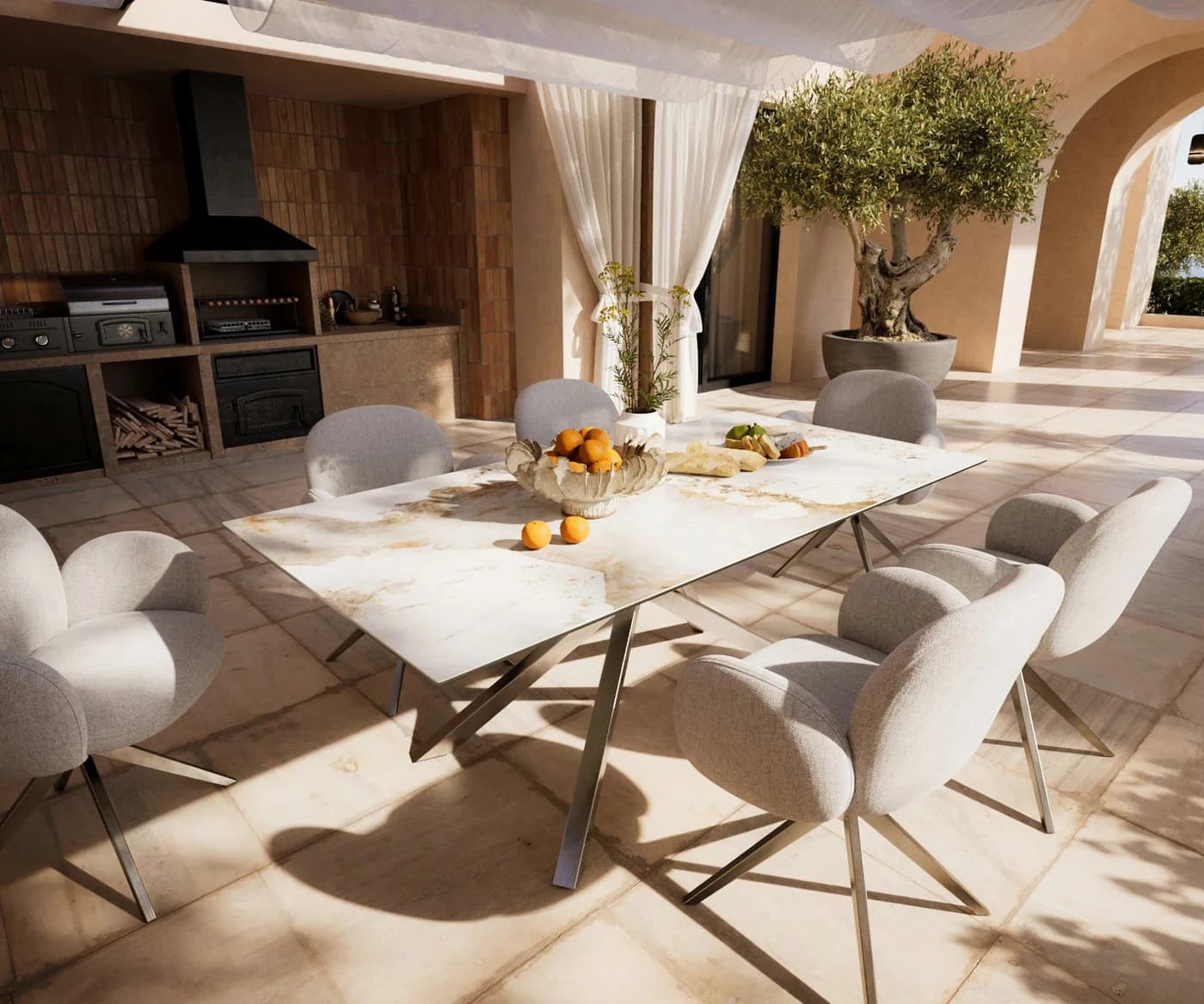 DELIFE Esstisch Edge Keramik Minas Melange Weiß-Beige Edelstahl Kreuzgestell - Bild 3