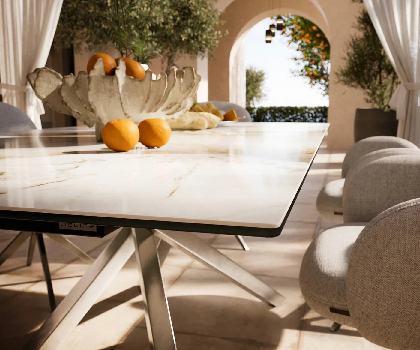 DELIFE Esstisch Edge Keramik Minas Melange Weiß-Beige Edelstahl Kreuzgestell - Bild 5