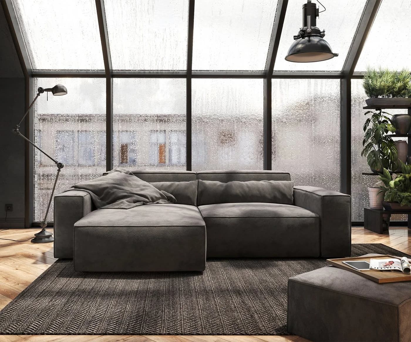DELIFE Ecksofa Sirpio Mikrofaser Khakibraun mit variablem Hocker