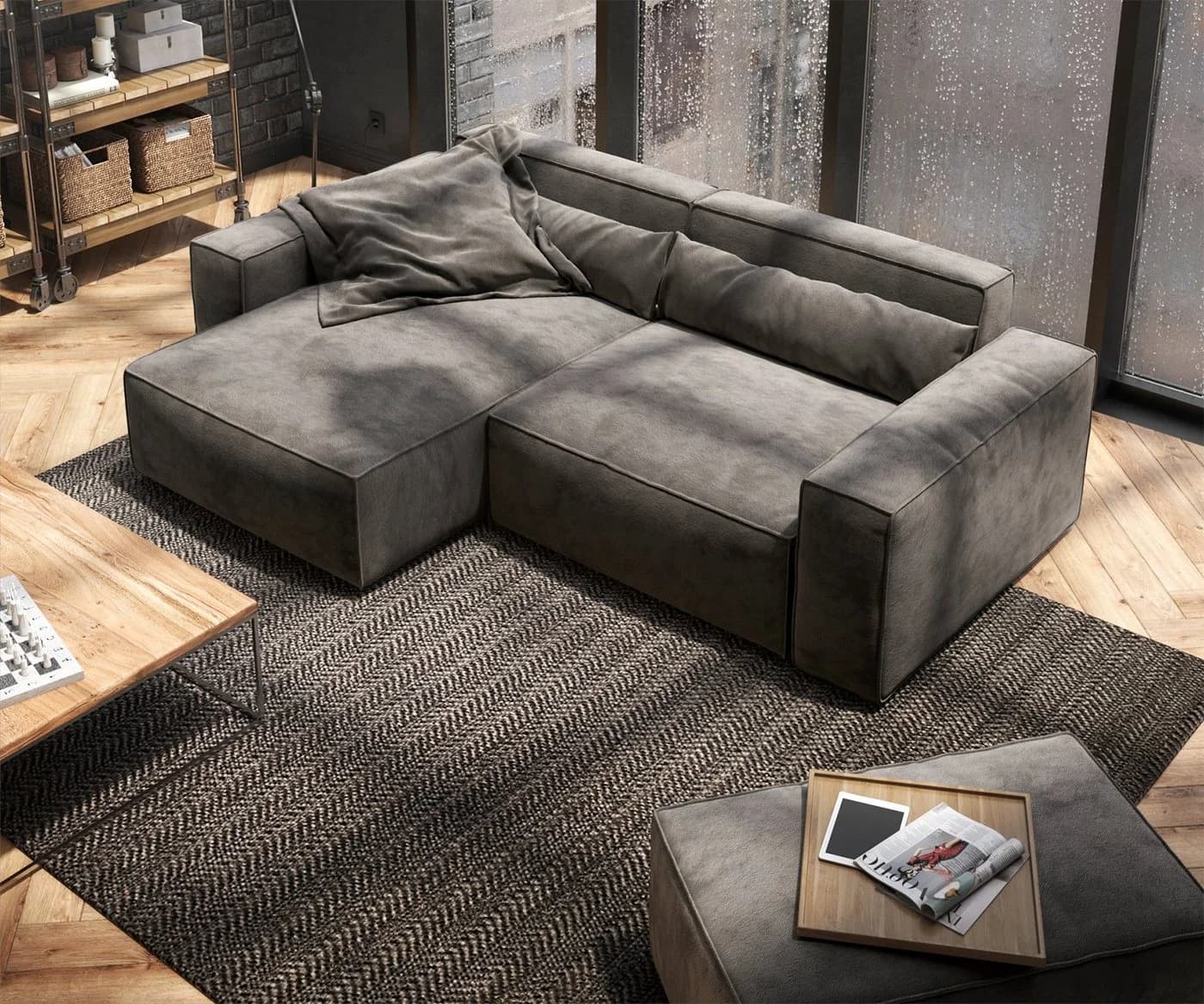 DELIFE Ecksofa Sirpio Mikrofaser Khakibraun mit variablem Hocker - Bild 4