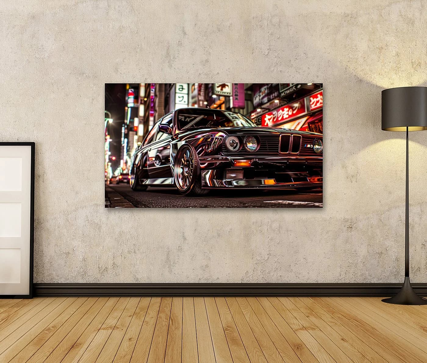 islandburner Leinwandbild Klassischer BMW nächtliche Stadt Japan 80x40cm