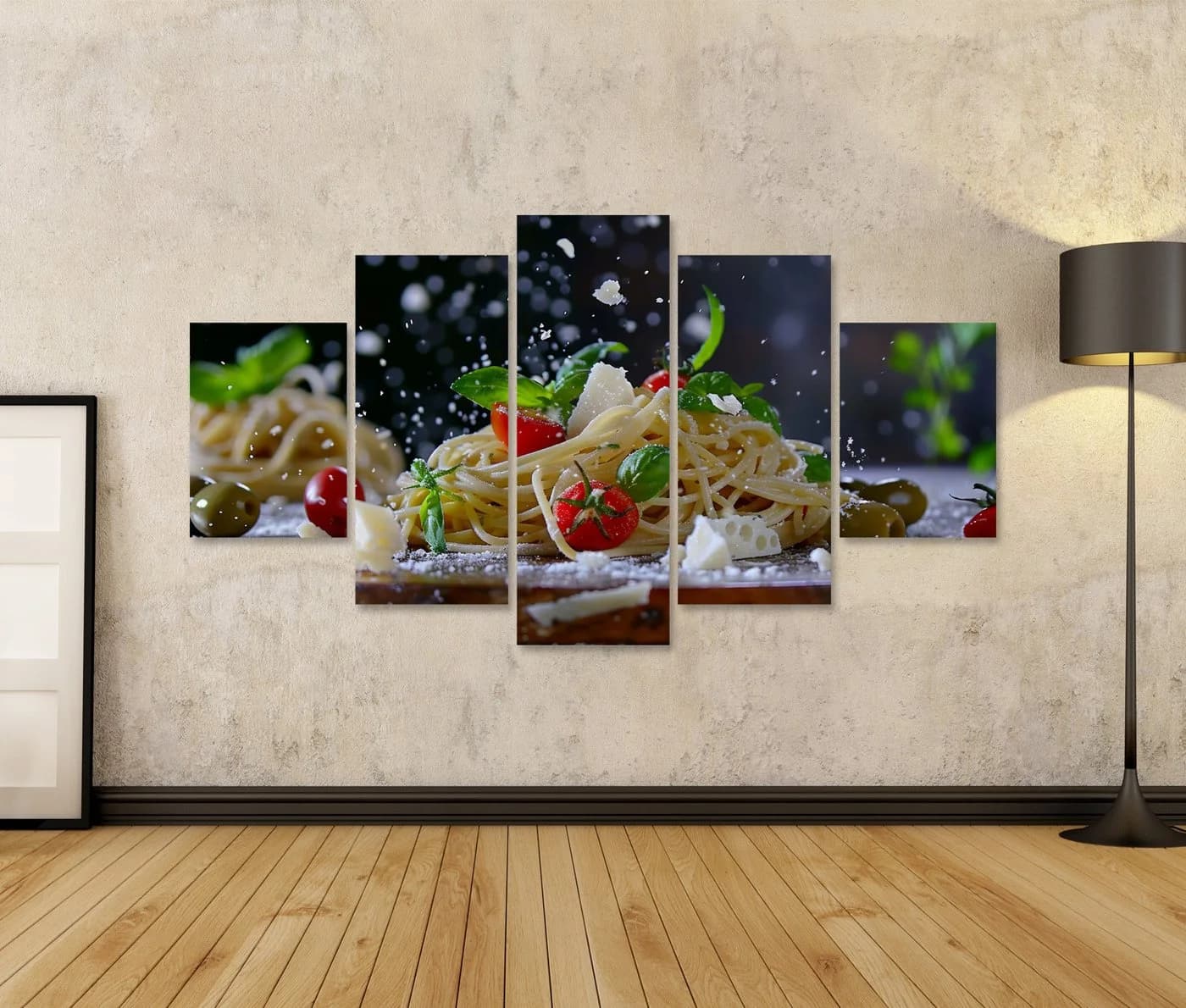 islandburner Leinwandbild 5-teilig Frische Spaghetti mit Tomaten und Basilikum