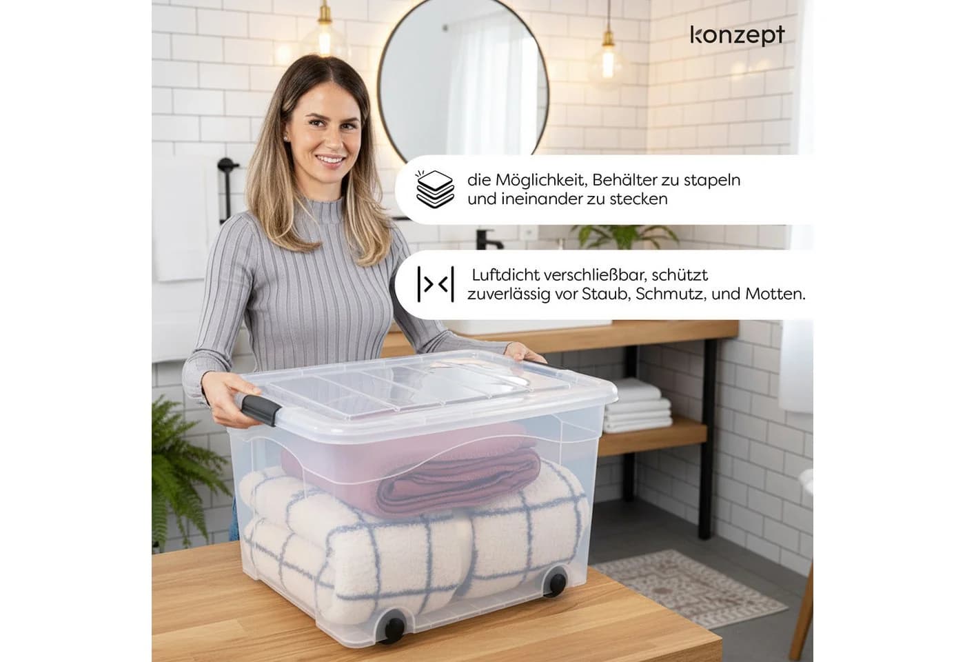 KONZEPT Aufbewahrungsbox Kunststoffbox 60L Transparent Stapelbox mit Rollen - Bild 5