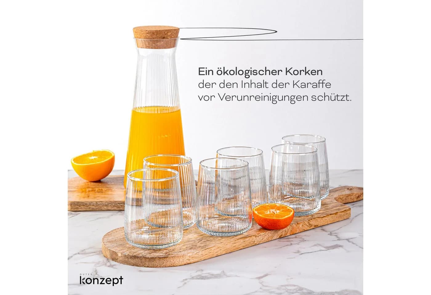 KONZEPT Wasserkaraffe 1L mit 6 Gläsern 320ml Glas Transparent