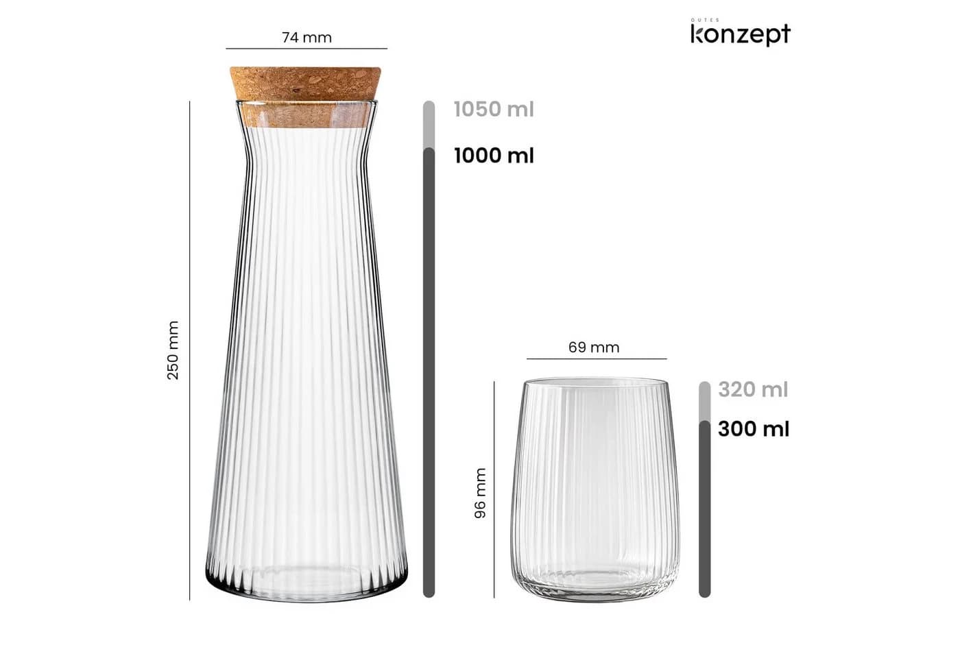 KONZEPT Wasserkaraffe 1L mit 6 Gläsern 320ml Glas Transparent - Bild 3