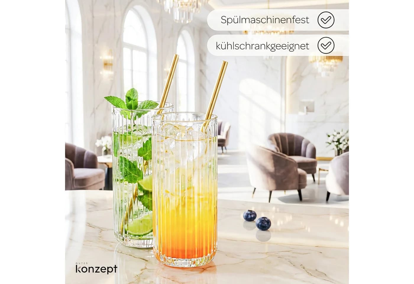 KONZEPT Gläser-Set 6er – 390 ml geriffelte Longdrinkgläser aus klarem Glas - Bild 4