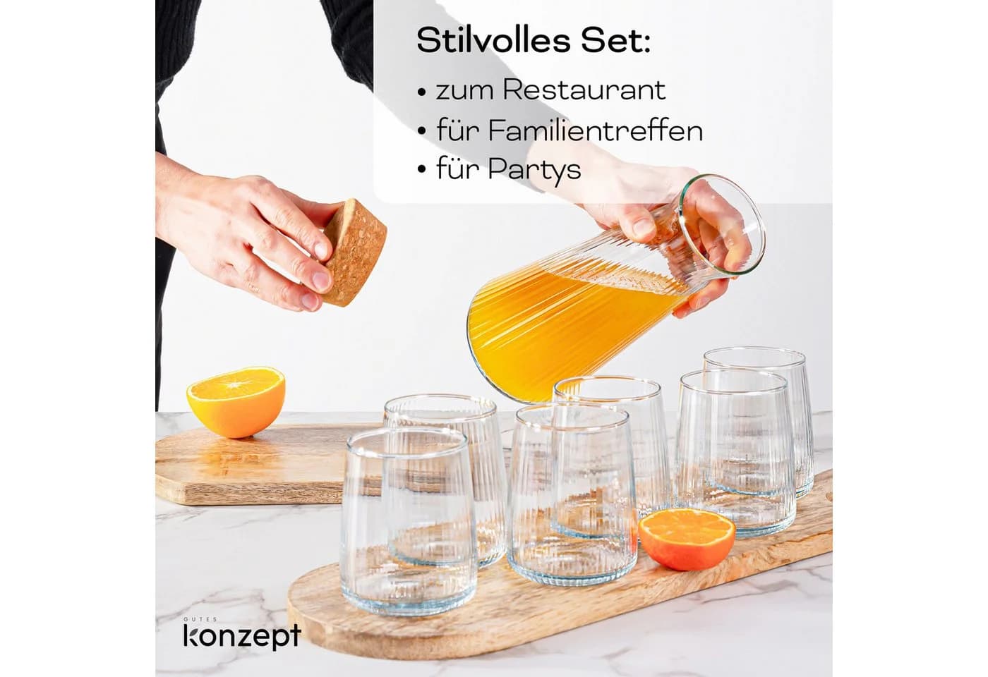 KONZEPT Wasserkaraffe 1 Liter Geriffeltes Glas Korkverschluss