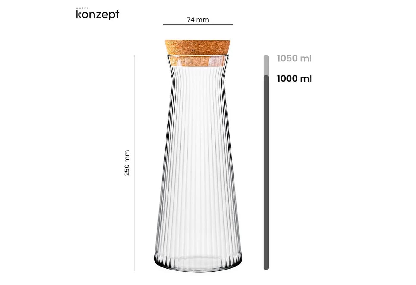 KONZEPT Wasserkaraffe 1 Liter Geriffeltes Glas Korkverschluss - Bild 3