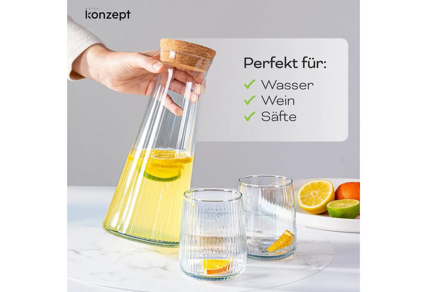 KONZEPT Wasserkaraffe 1 Liter Geriffeltes Glas Korkverschluss - Bild 5