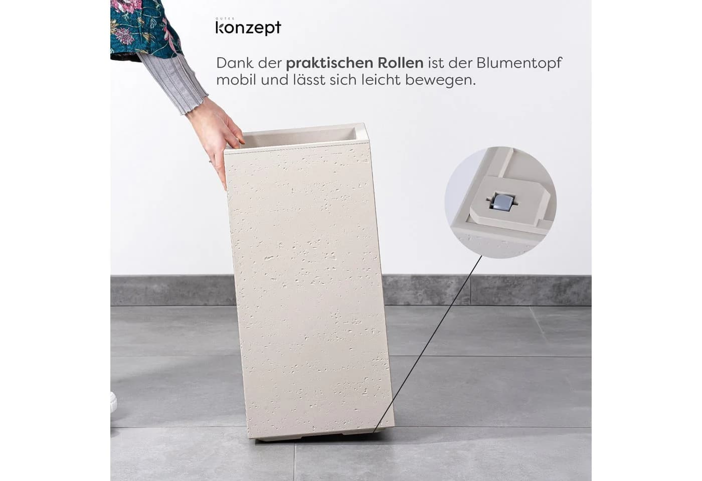 KONZEPT Pflanzkübel hoch Beton-Optik mit Rollen und Drainage - Bild 5