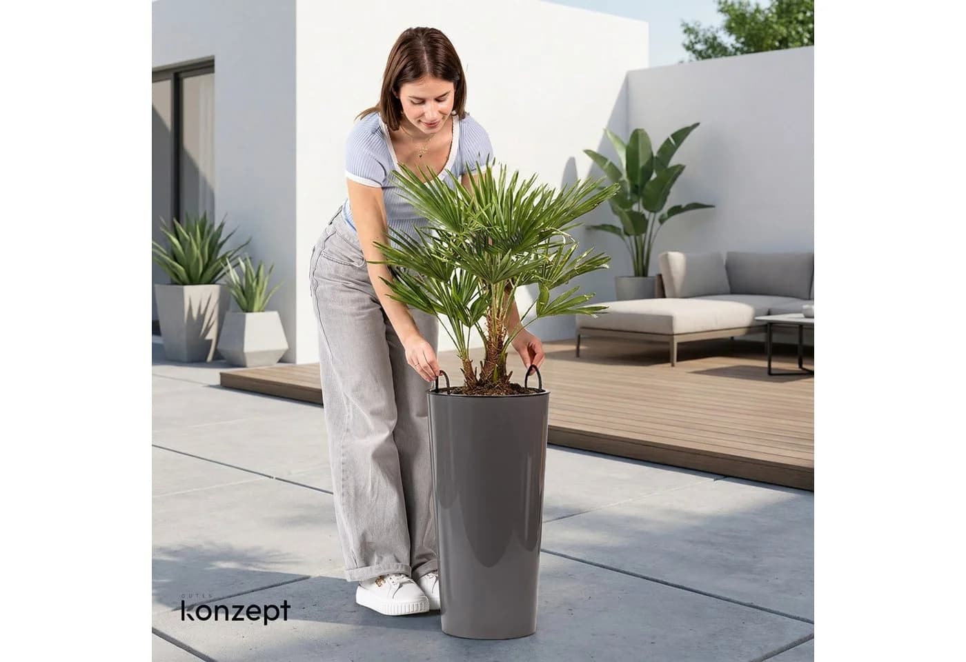 KONZEPT Blumentopf Hochglanz Grau 57 cm