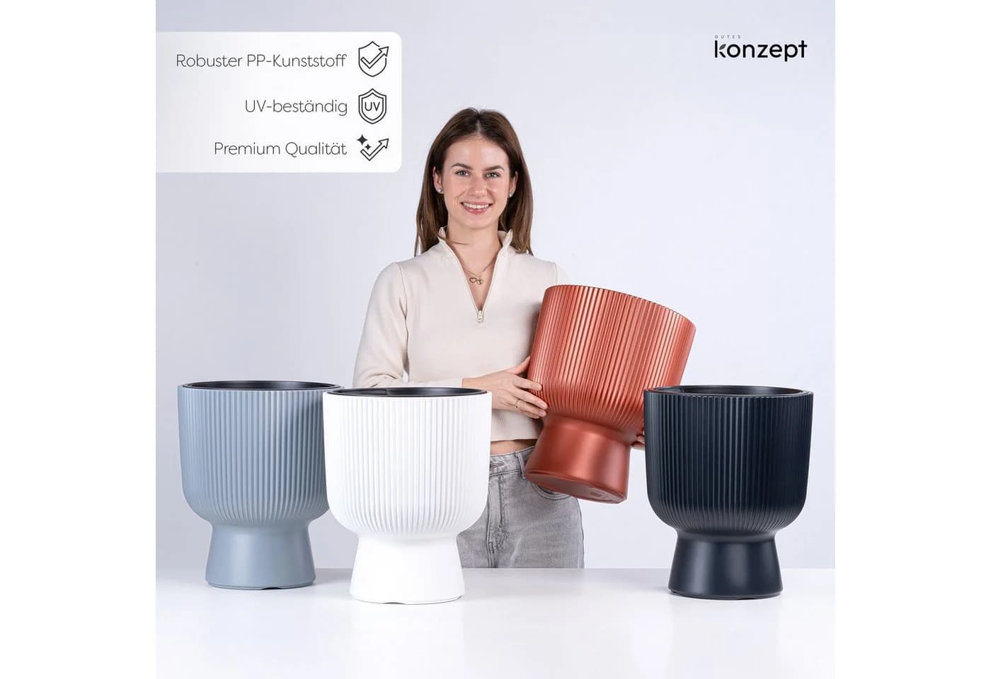 KONZEPT Blumentopf mit Einsatz, weiß, 30 cm, 18L, Rippen-Optik - Bild 4