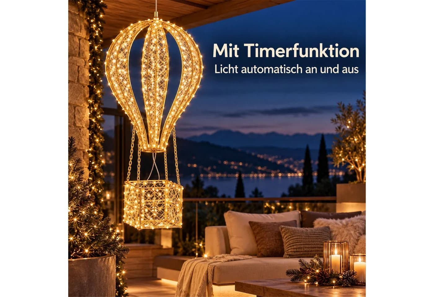 BURI LED-Heißluftballon Dekofigur 90cm Gold 340 LEDs warmweiß Timer - Bild 4