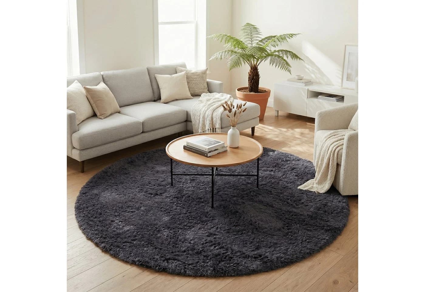 Pergamon Hochflor-Teppich Rund Anthrazit Shaggy - Bild 2