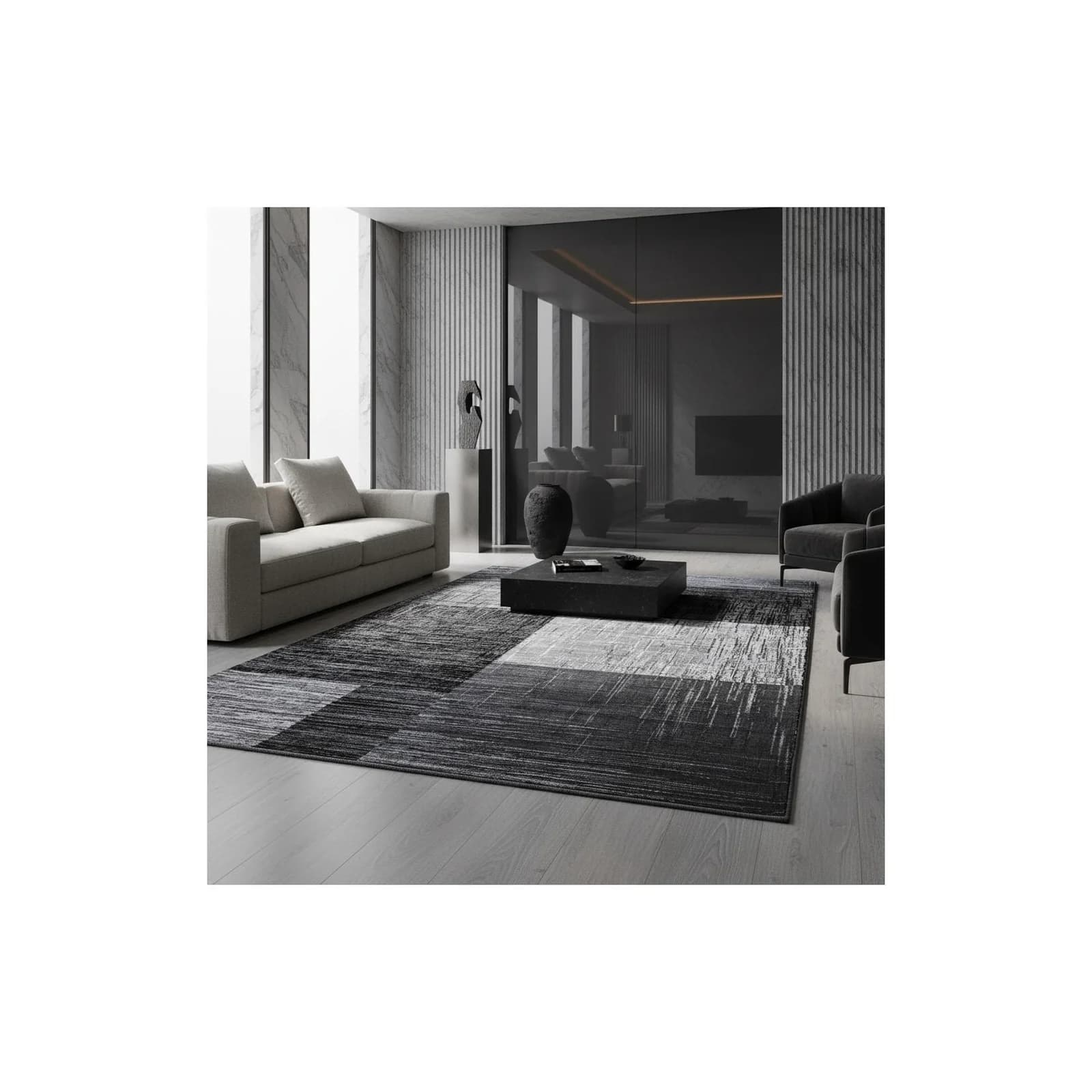 KADIMA DESIGN Kurzflorteppich Schwarz Abstrakt Kariert