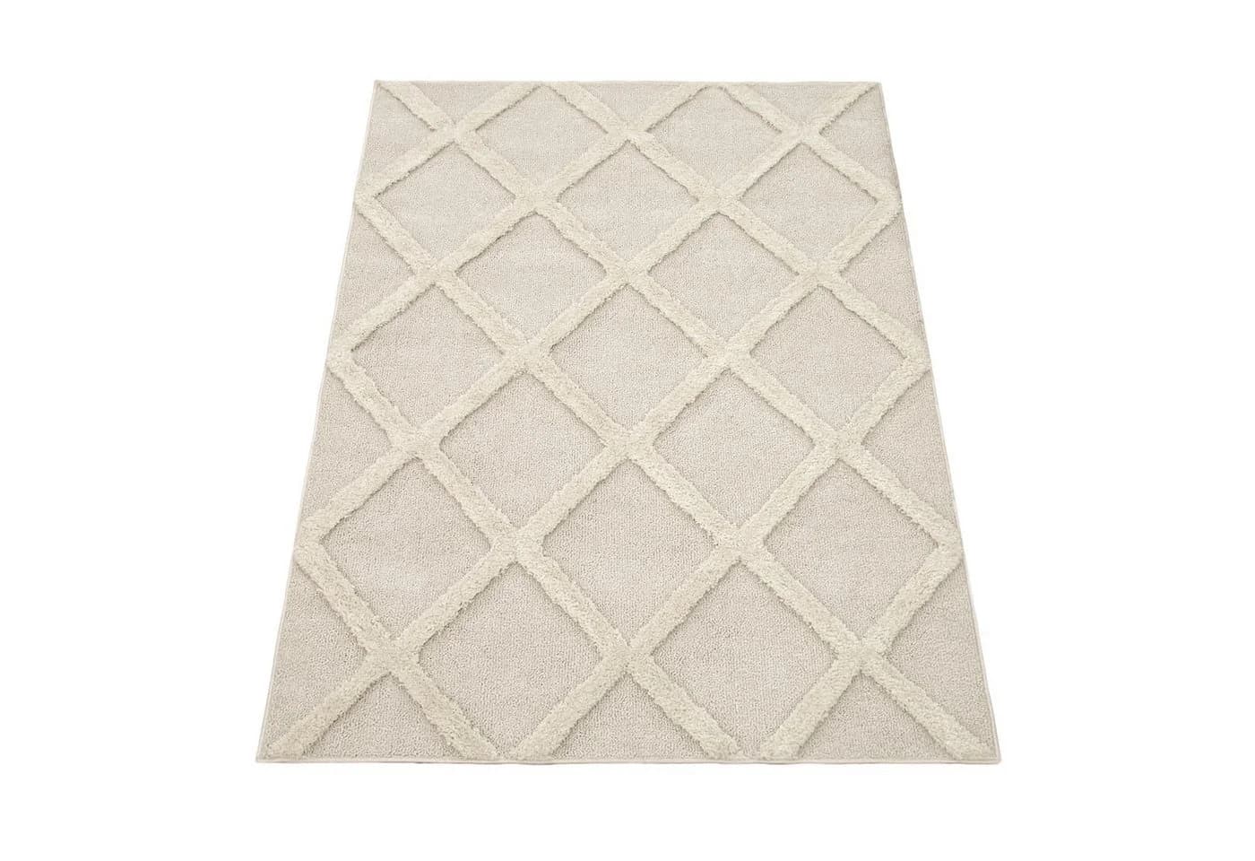KADIMA DESIGN Teppich 3D Rauten Schlafzimmer Creme Hochflor