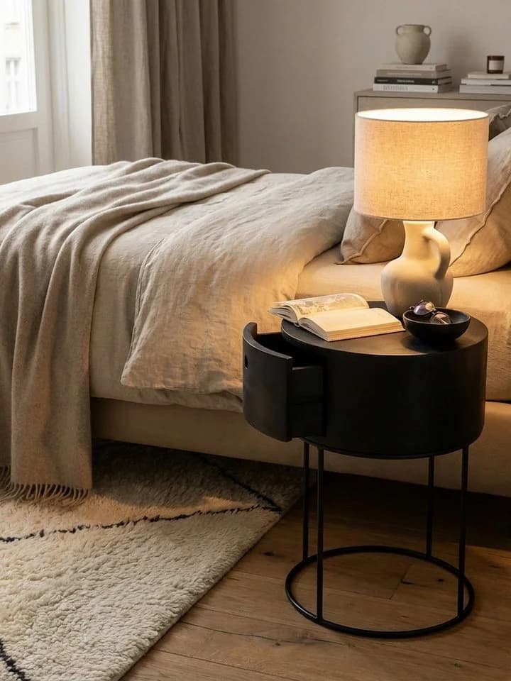 KADIMA DESIGN Nachtkonsole rund schwarz Mango Massivholz