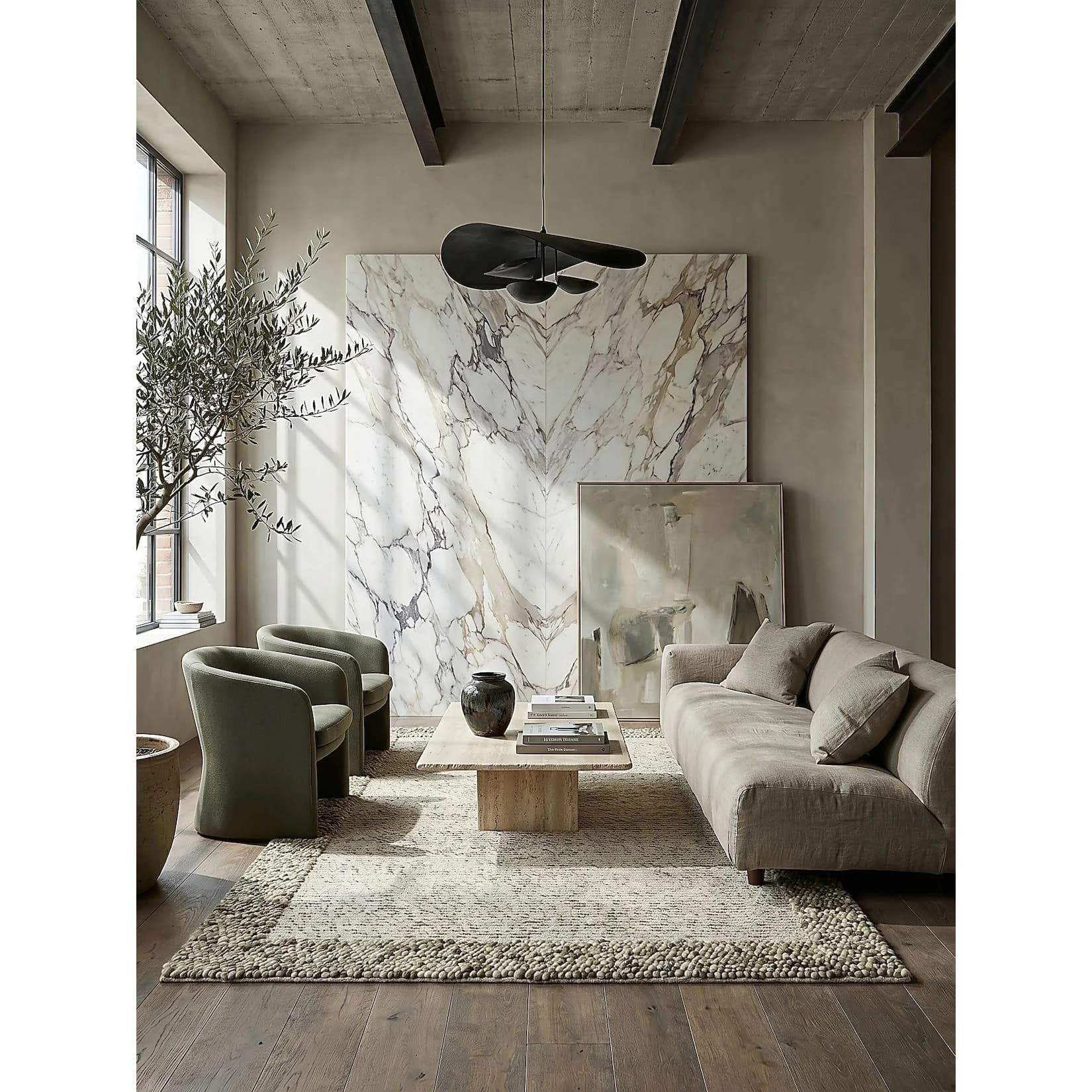 Kadima Design Wohnzimmerteppich MOAT Grün-Natur Hoch-Tief Bommel-Bordüre