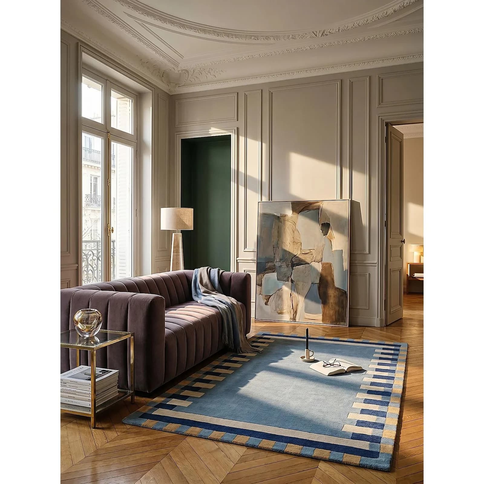 Kadima Design Wollteppich WENSUM Blau-Gelb Block-Bordüre