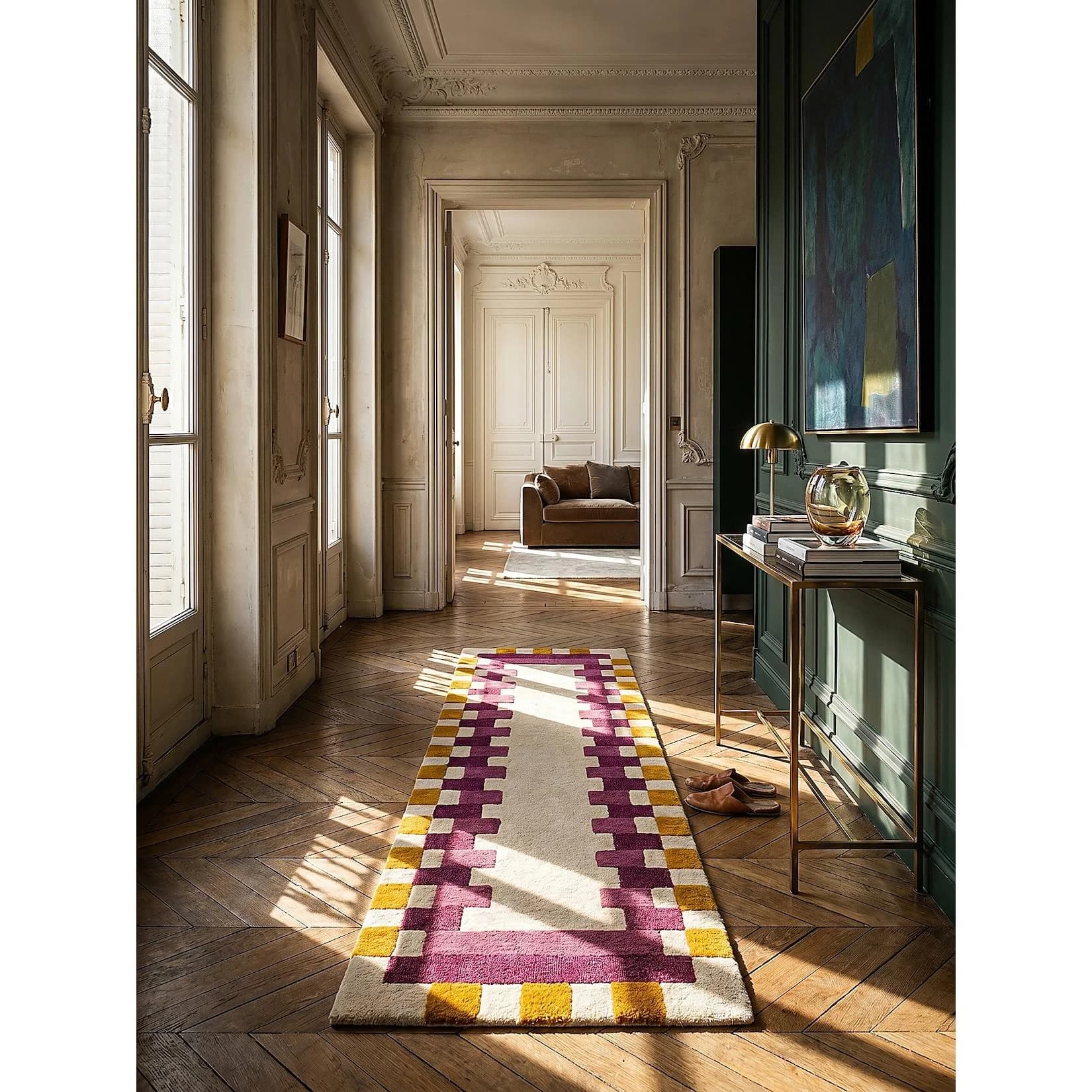 Kadima Design WENSUM Teppich-Läufer Kurzflor Wolle Rosa-Gelb