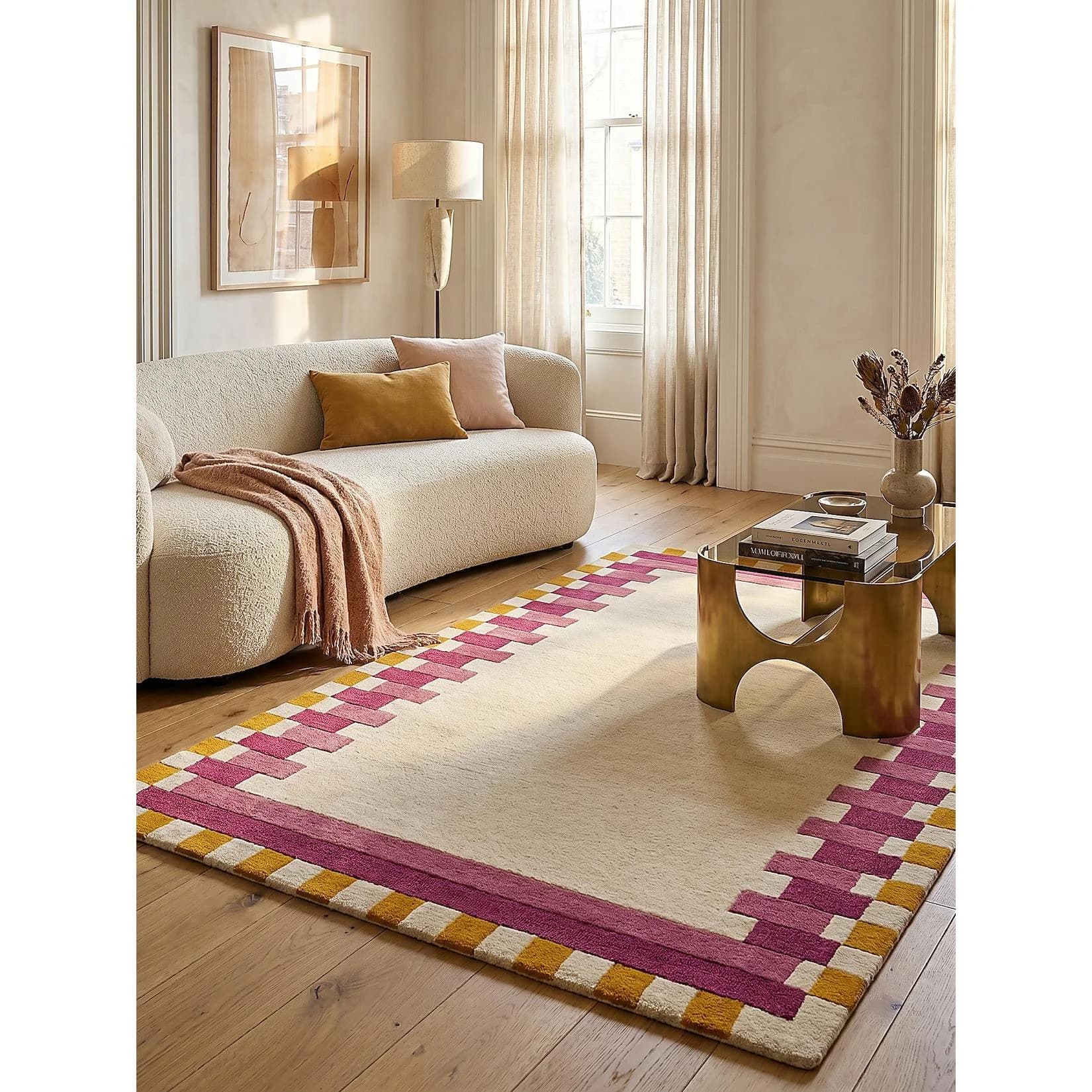 Kadima Design WENSUM Wohnzimmerteppich Kurzflor Rosa-Gelb