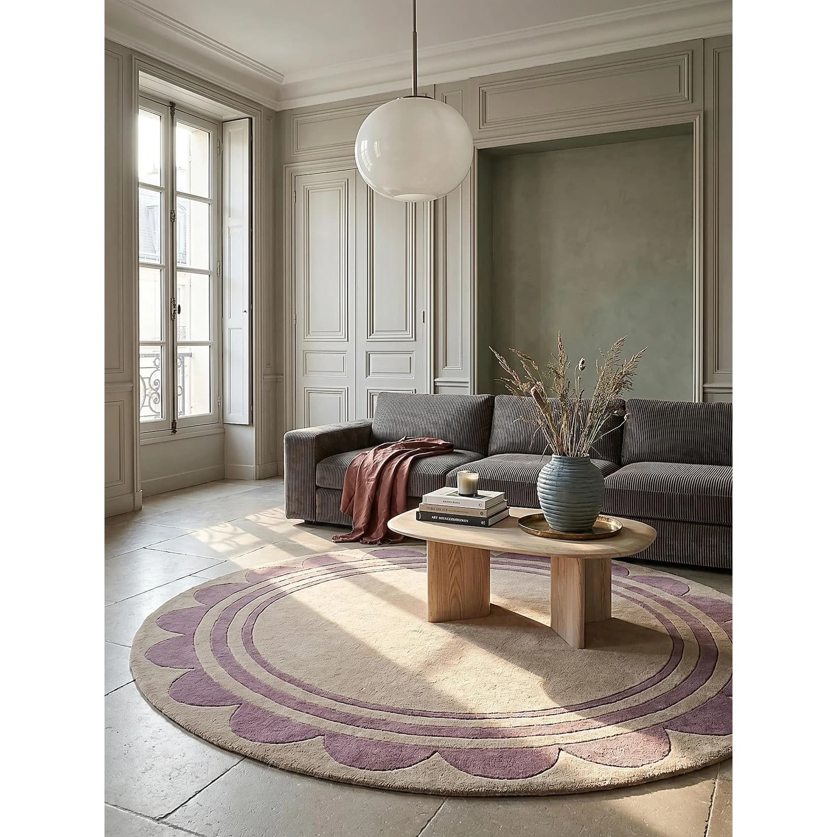 KADIMA DESIGN Wollteppich Grafisches Muster, Rahmen 120x120 cm Lila-Beige