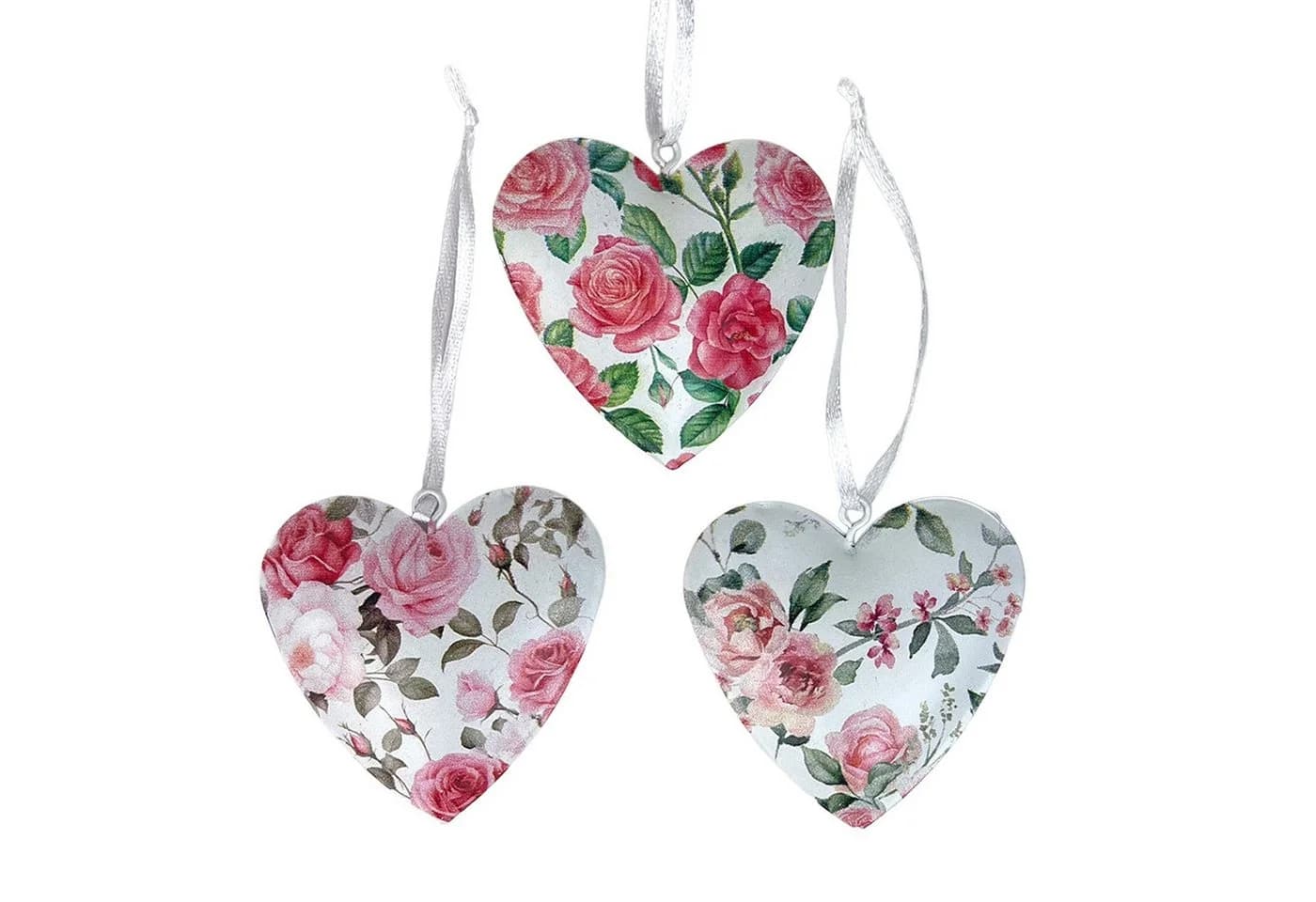 Logbuch-Verlag Dekofigur Metall-Herzen 3er-Set Rosenmotiv Rosa/Weiß - Bild 2
