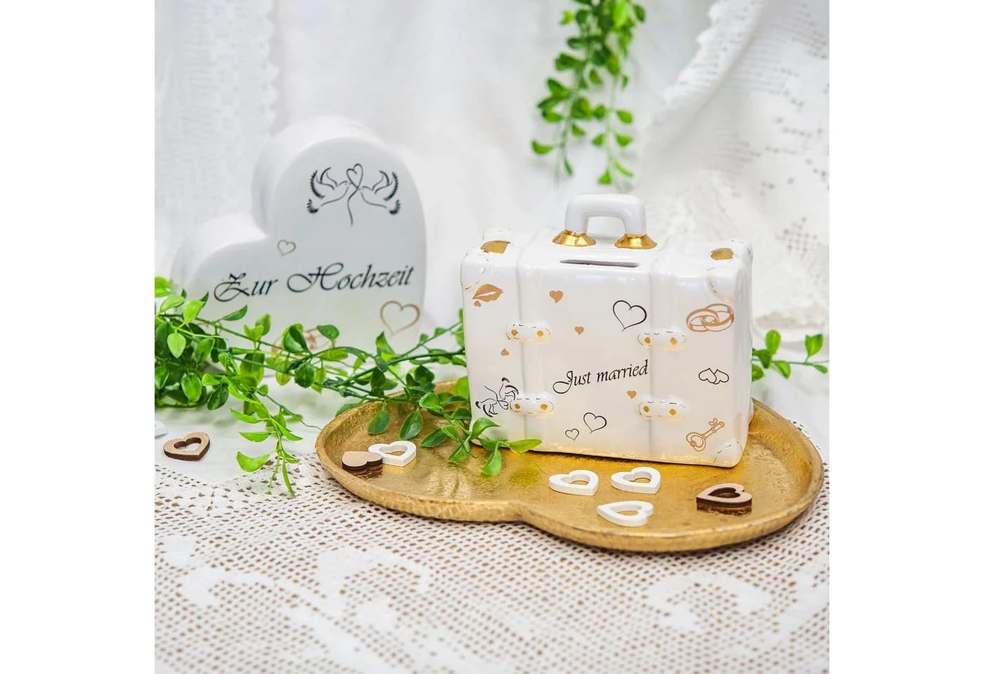Logbuch-Verlag Spardose Koffer Just Married Weiß Keramik