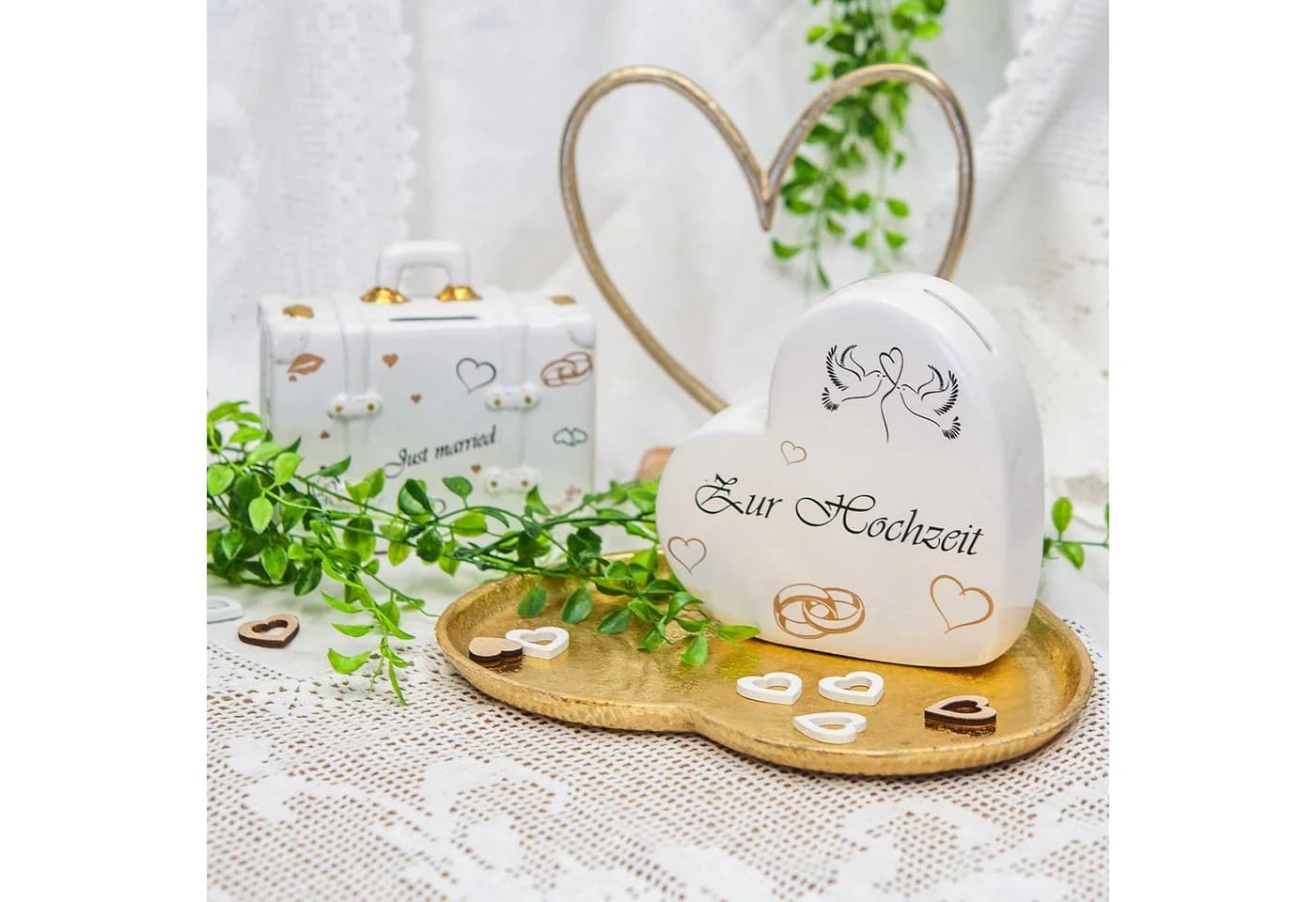Keramik-Herzspardose 'Zur Hochzeit' mit Taubenmotiv