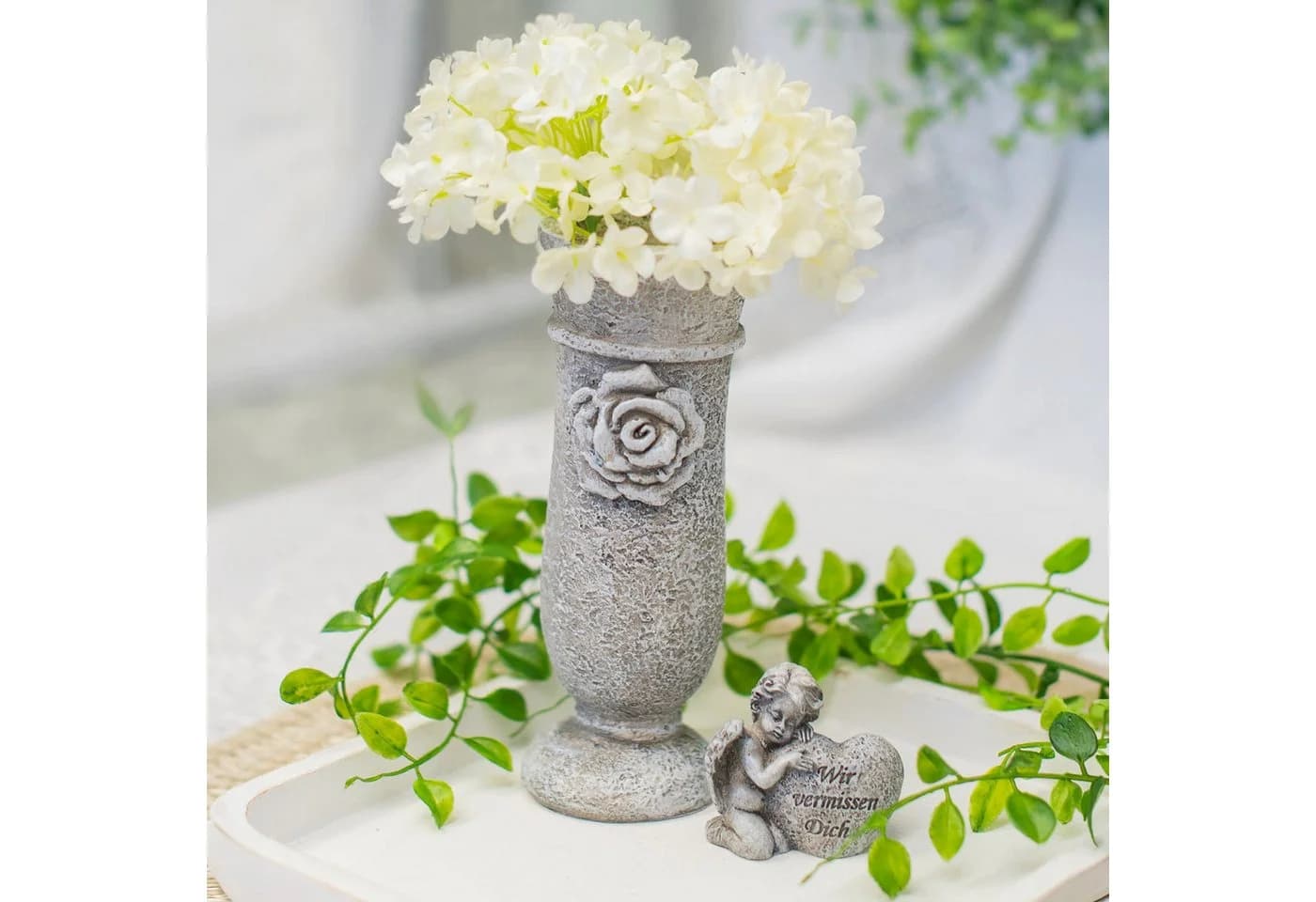 Logbuch-Verlag Grabvase Antik Grau Polyresin mit Rose