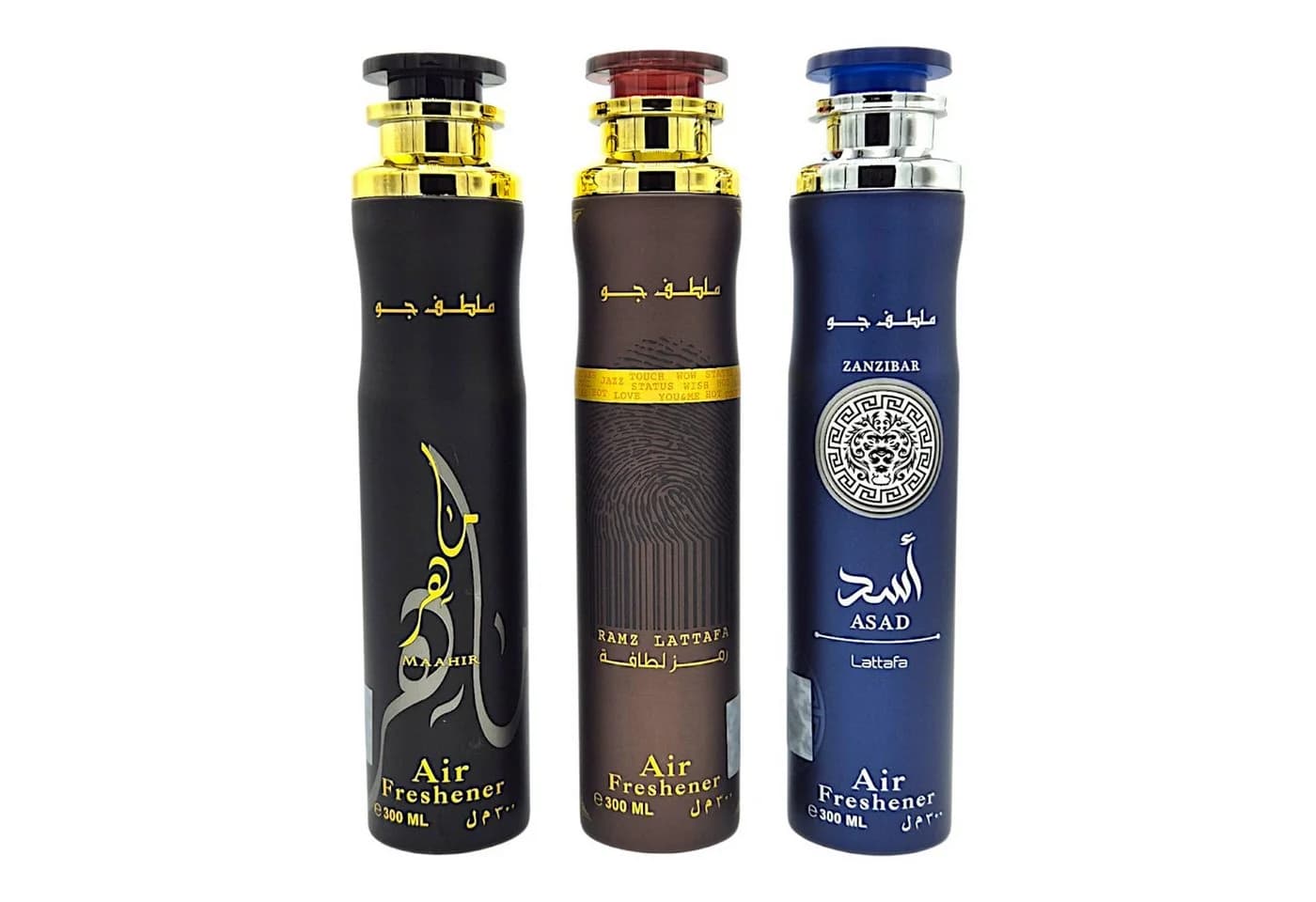 Lattafa Raumduft Set 3x300ml Asad Zanzibar, Ramz Gold, Maahir Black