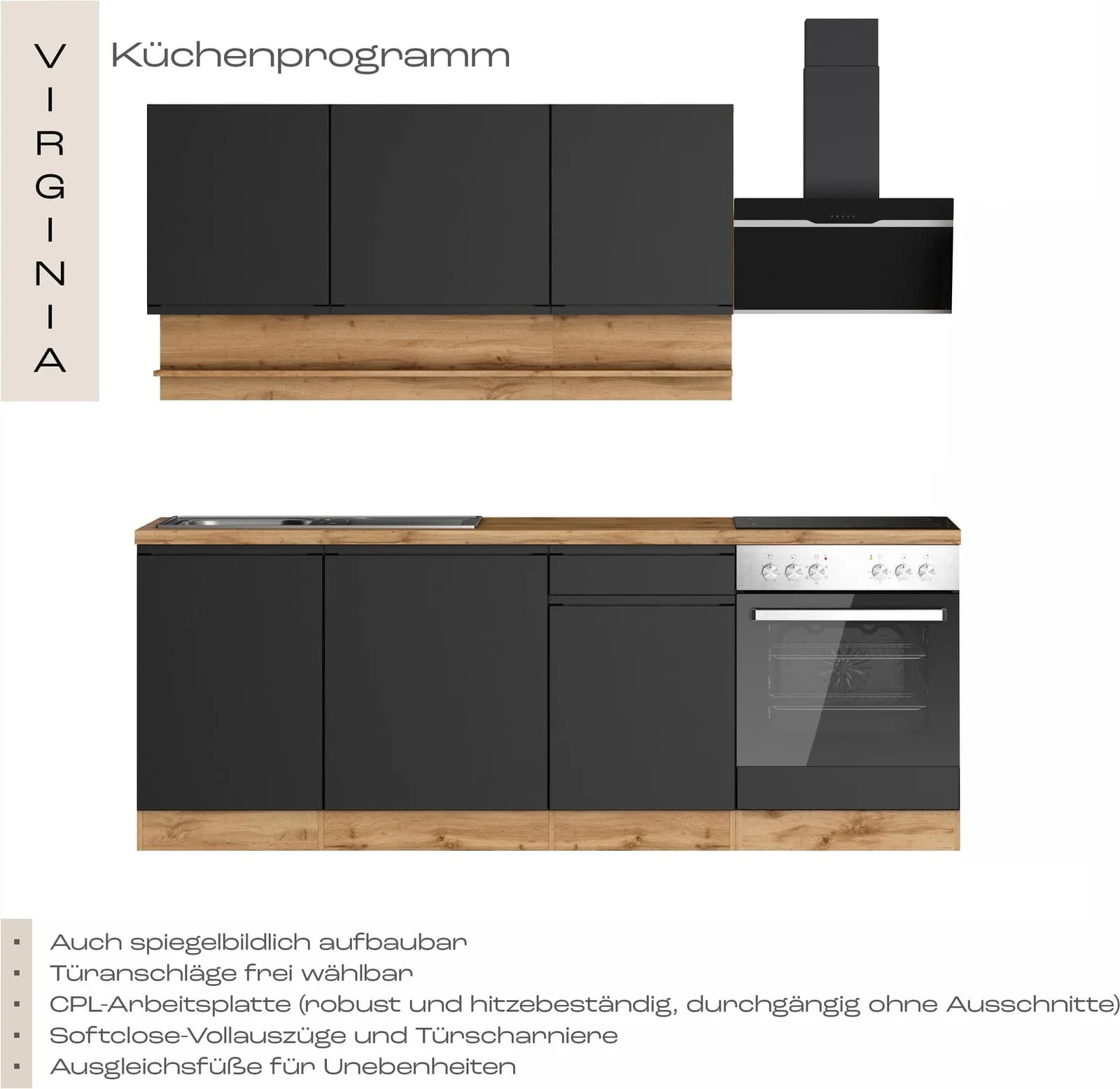 Küchenzeile KOCHSTATION KS-Virginia matt schwarz Wotaneiche Soft-Close