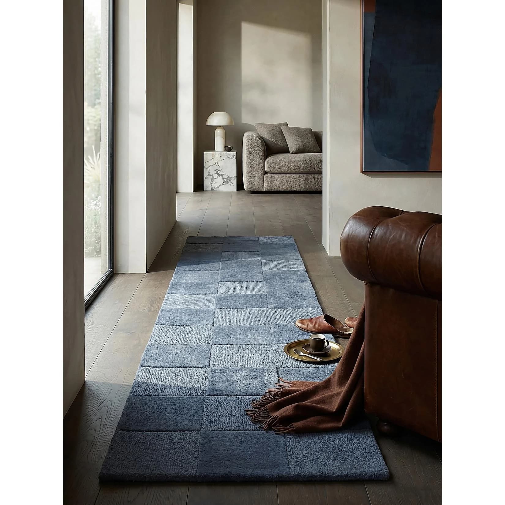 Kadima Design Teppich-Läufer DEBEN Blau Karo Struktur Wolle