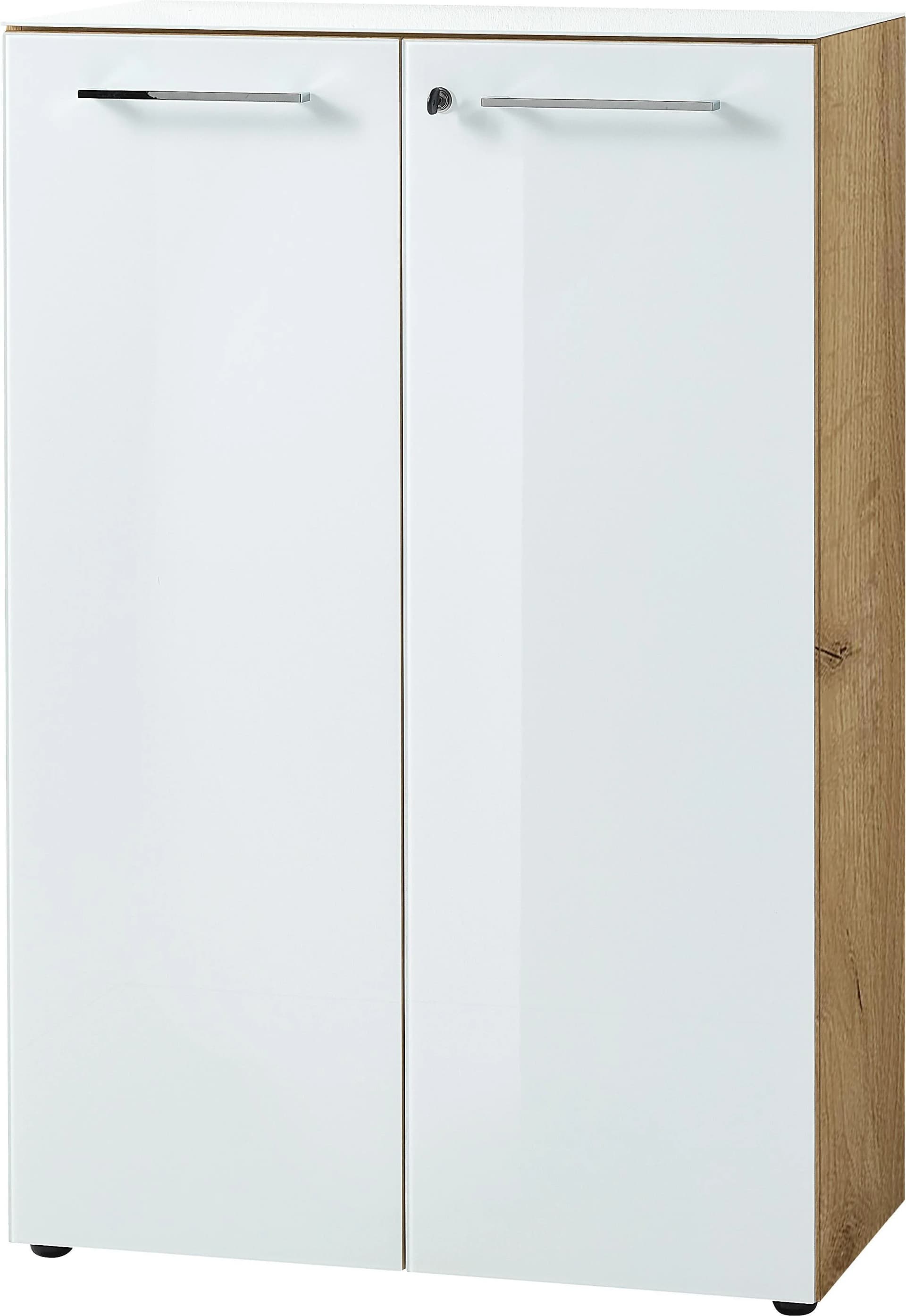 Aktenschrank Abschließbar 120 cm Glasfront ESG Soft-Close Büroschrank Chalet-Eiche-Nb./Weiß