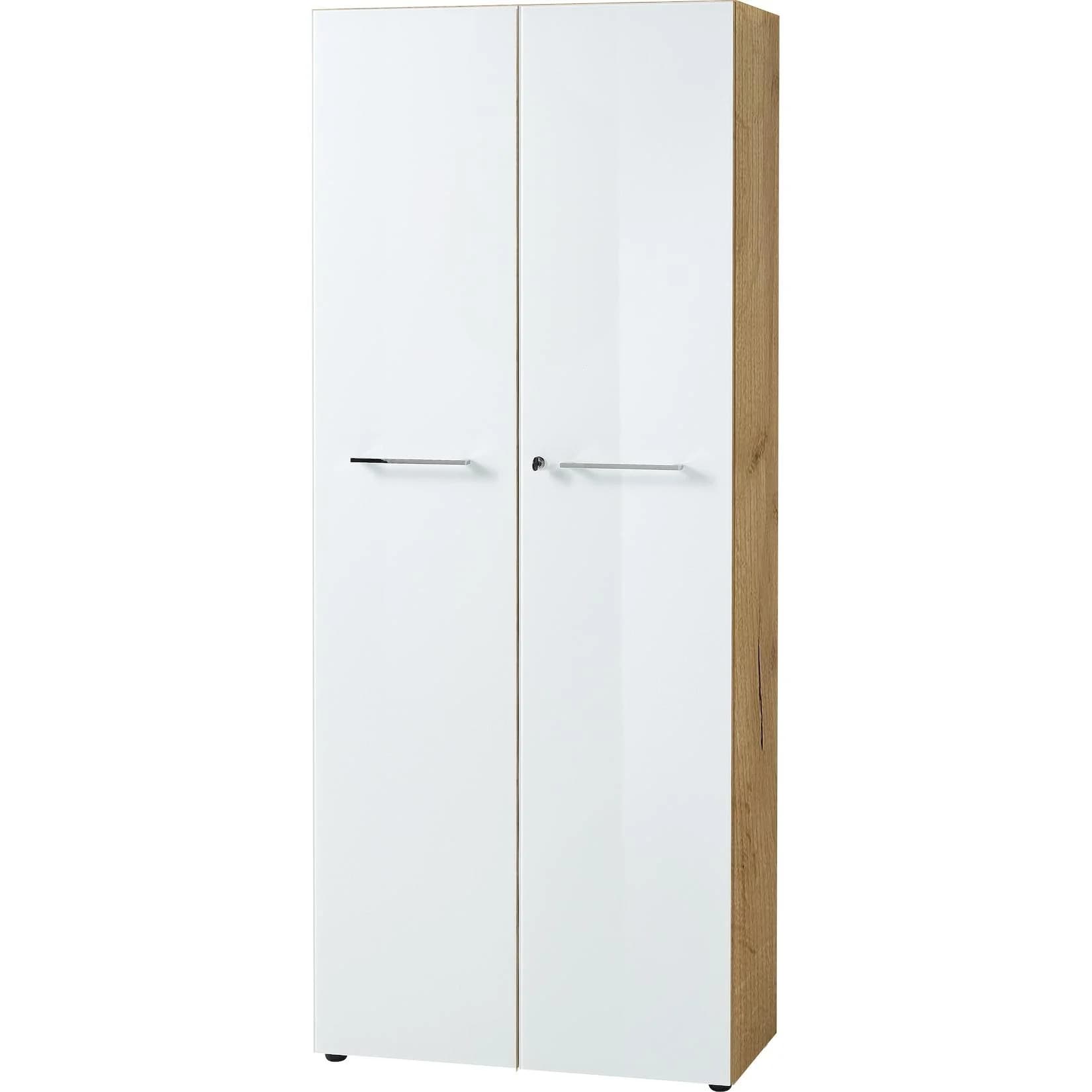 Aktenschrank 5 Ordnerhöhen Abschließbar, Soft-Close, Glasfront Chalet-Eiche-Nb./Weiß Serie "Muenchen" Kadima Design