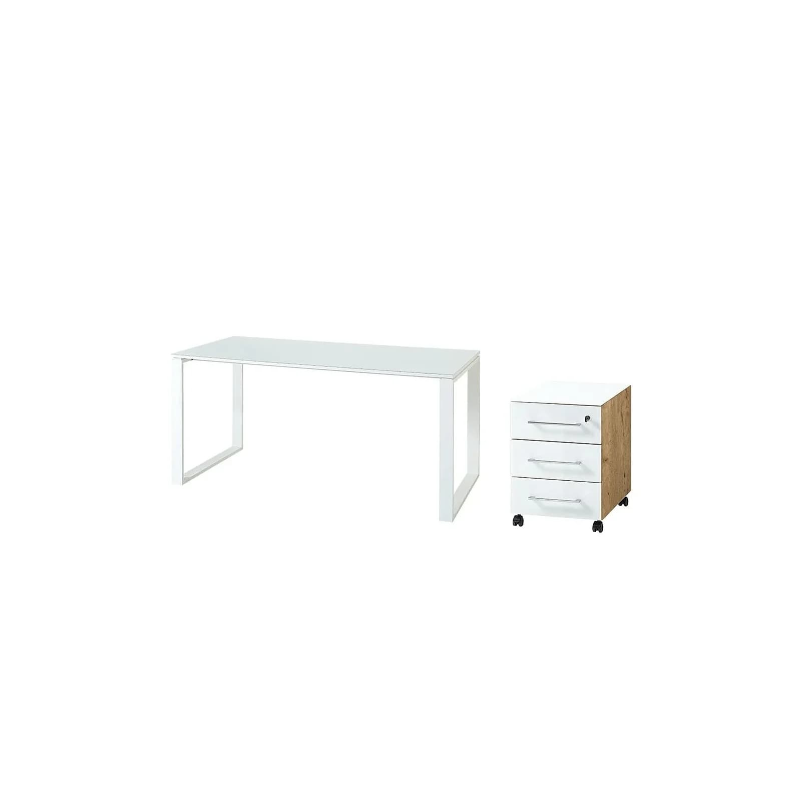 Kadima Design Schreibtisch Set MUENCHEN Glasplatte Weiß Chalet-Eiche-Nb.