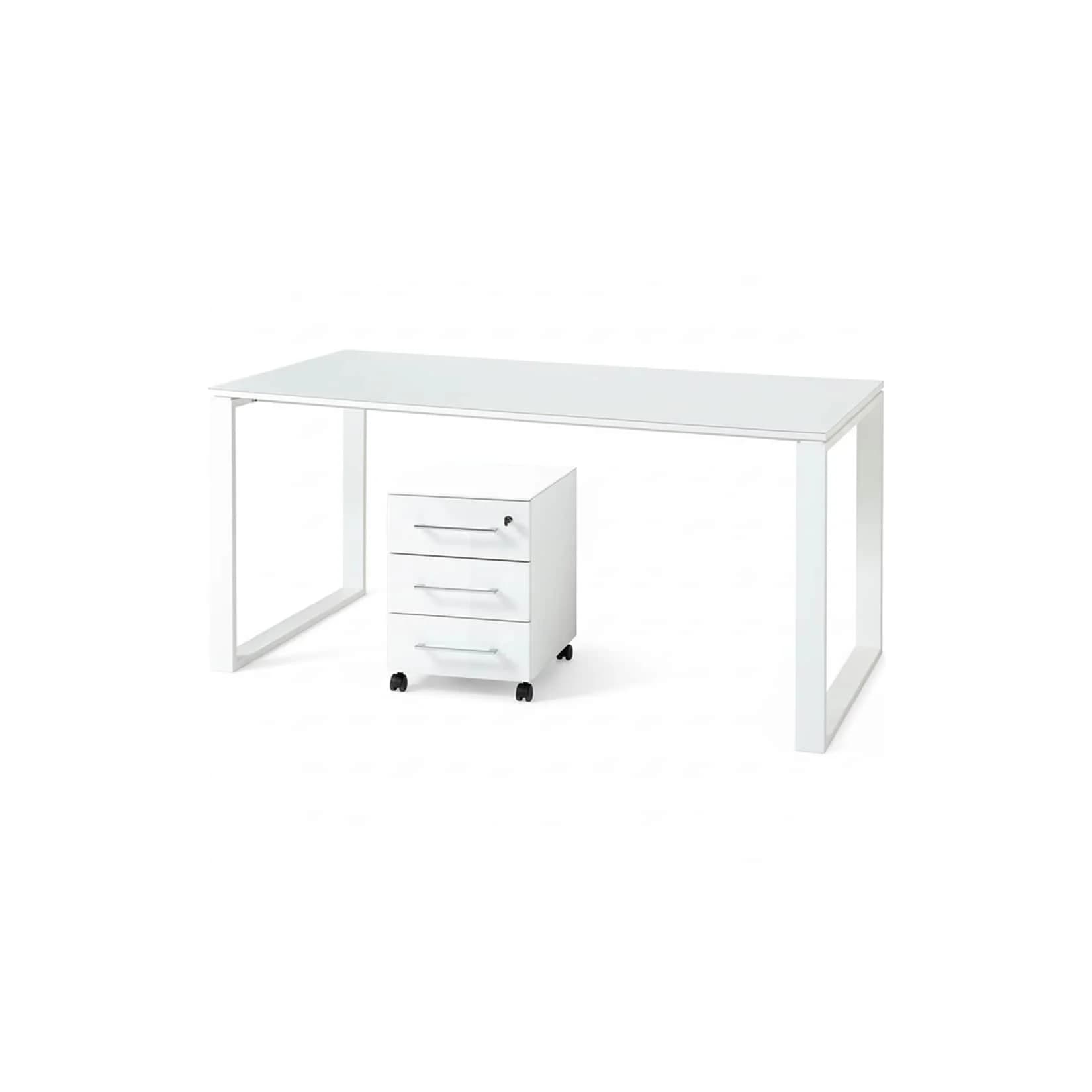 Schreibtisch Set 2-teilig mit Rollcontainer Weiß Glasplatte Soft-Close Abschließbar Serie MUENCHEN Kadima Design