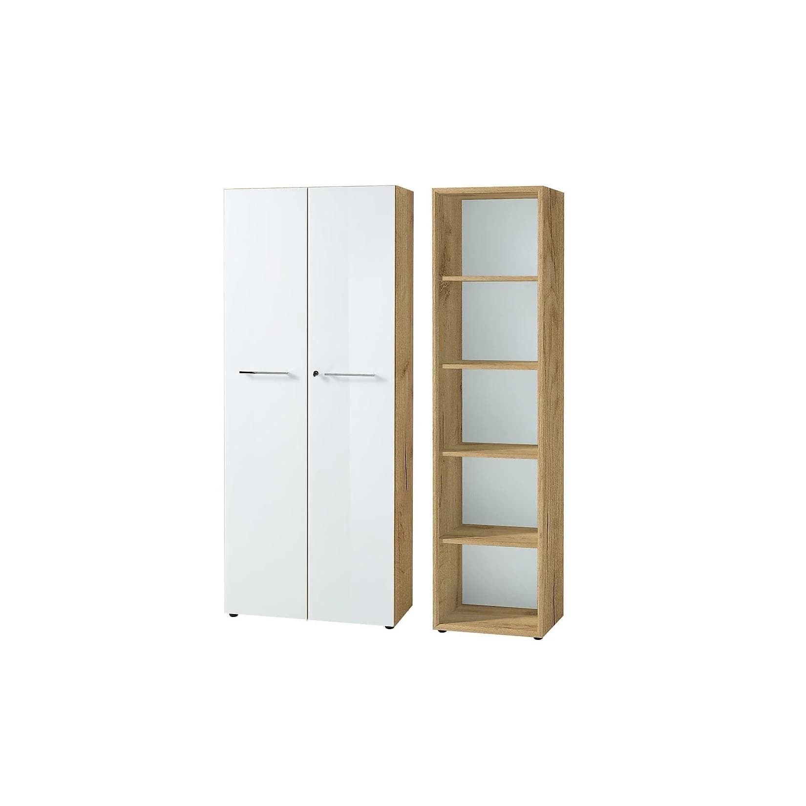Aktenschrank Set 2-teilig MUENCHEN 5 Ordnerhöhen Schrank & Regal Glasfront Soft-Close Chalet-Eiche-Nb./Weiß