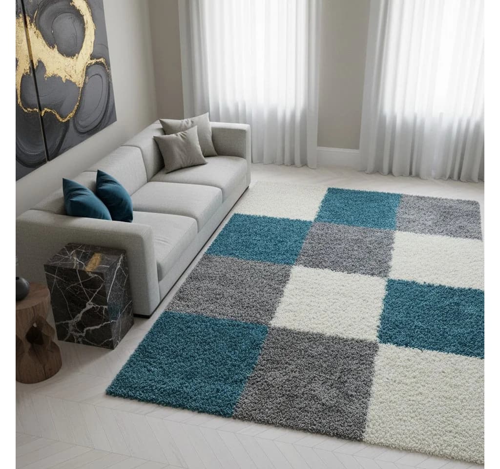KADIMA DESIGN Teppich RHEIN Shaggy Türkis Karo - Bild 2