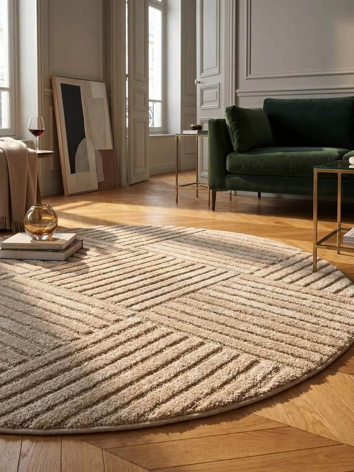 KADIMA DESIGN Teppich RIGI Rund Beige 3D-Effekt
