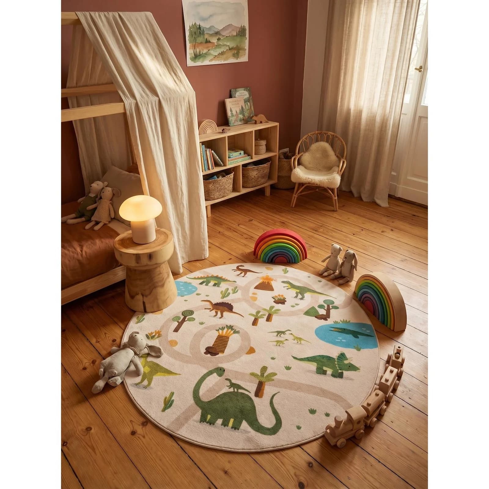 Kadima Design Kinderteppich Dinosaurier-Landschaft Beige Bunt