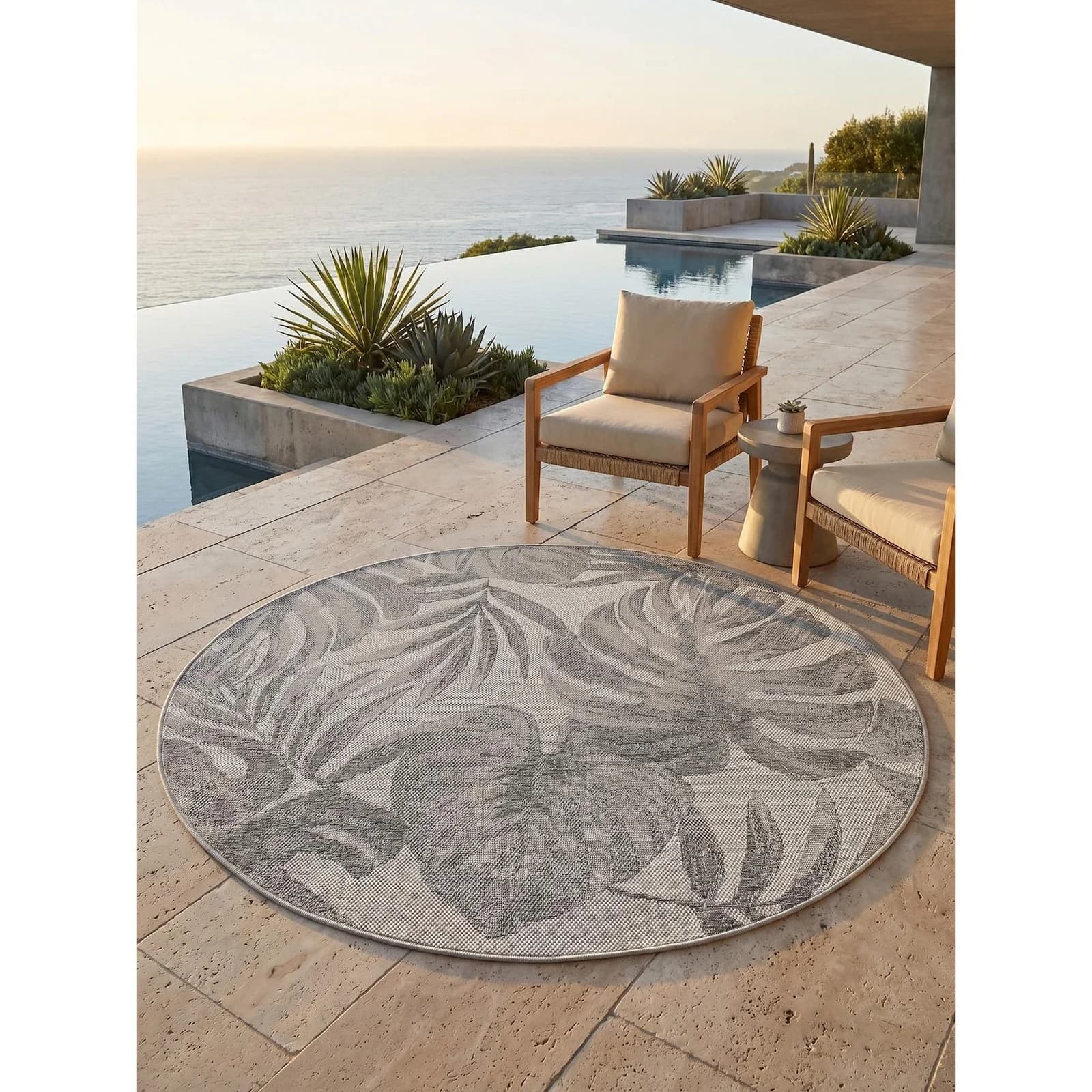 Kadima Design Outdoor-Teppich Tropische Blätter Grau Wetterfest
