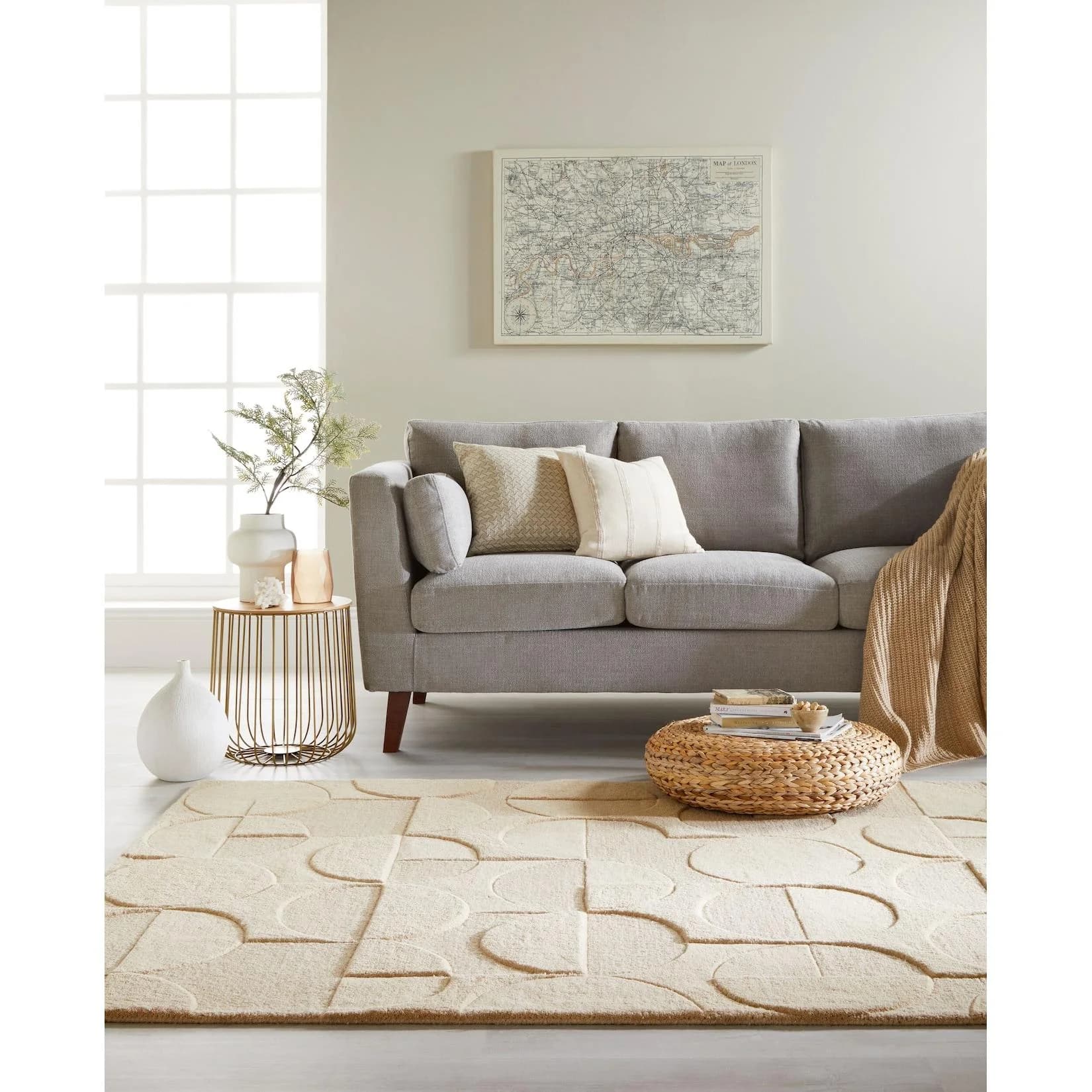 KADIMA DESIGN DEBEN Wollteppich Kurzflor Kreis-Relief Elfenbein