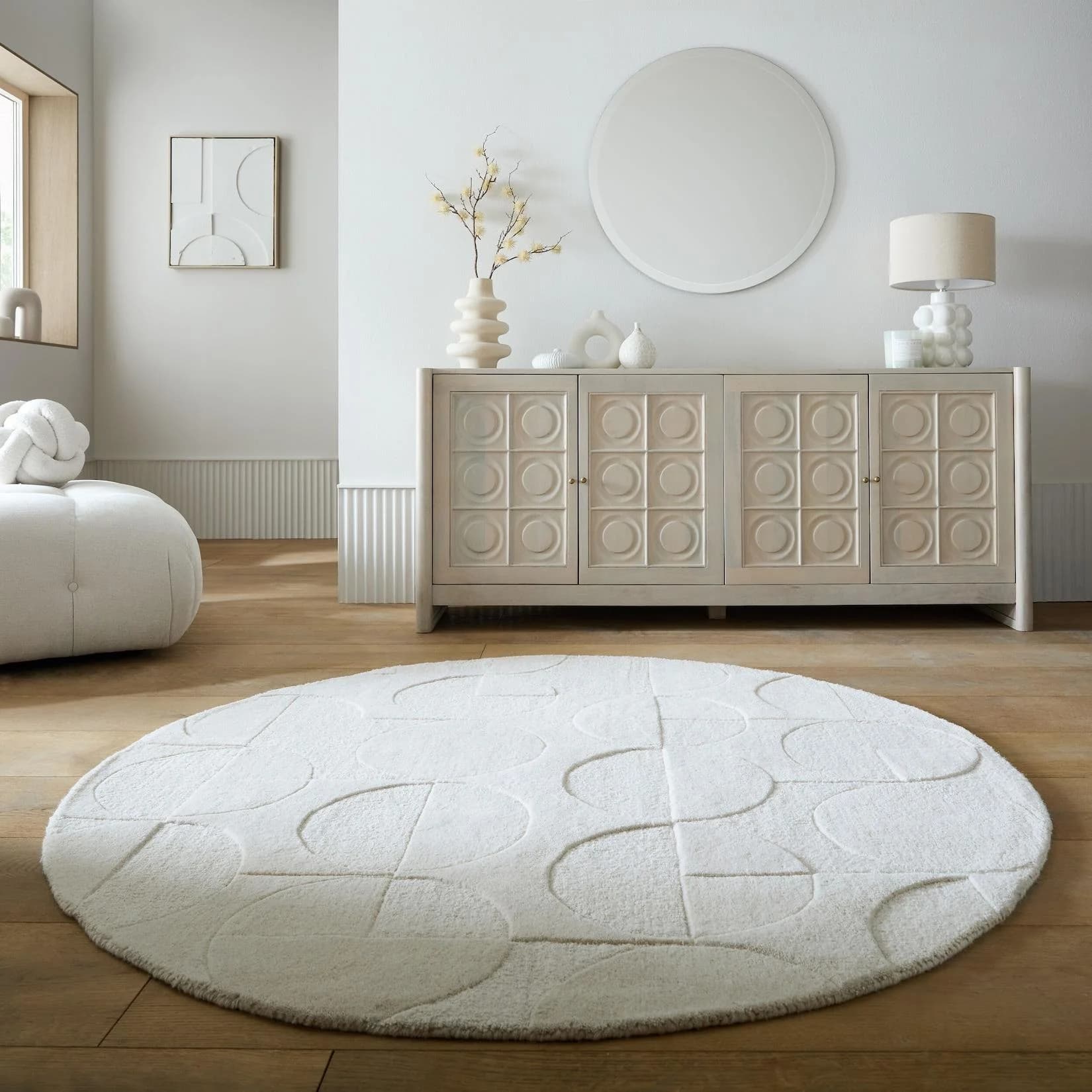 KADIMA DESIGN Wollteppich DEBEN Kreis-Relief Rund Ø 160 cm Elfenbein