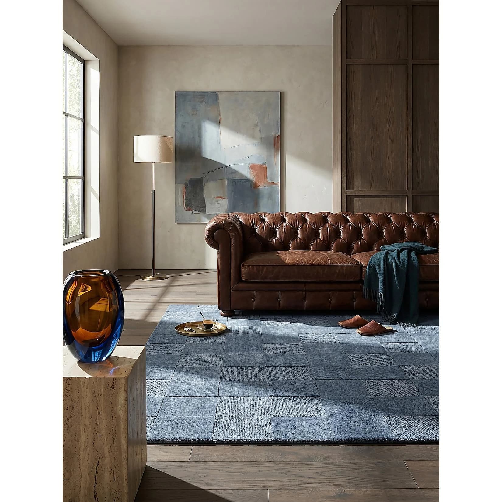 Kadima Design Wollteppich DEBEN Blau Schachbrett Hoch-Tief