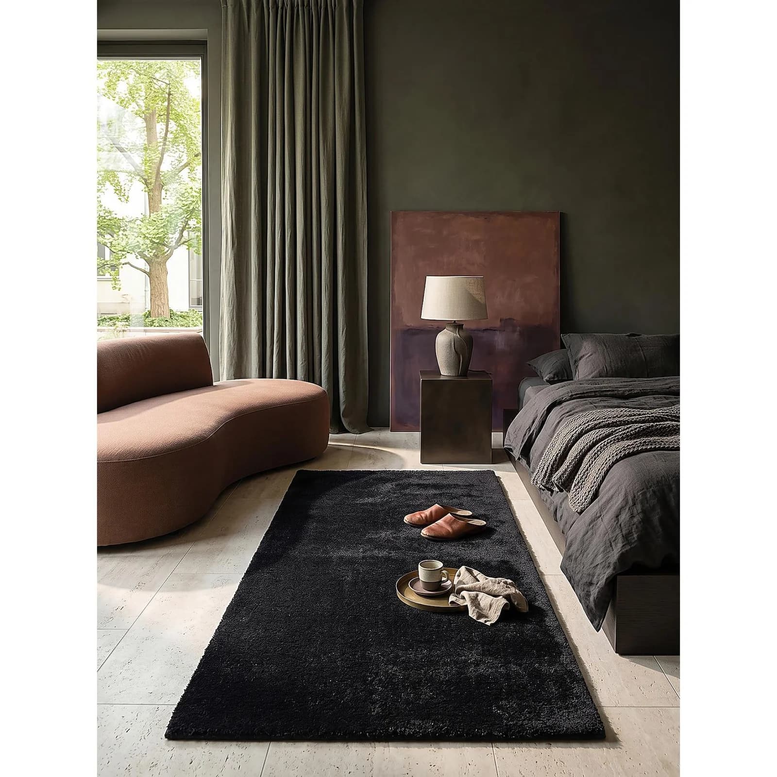 KADIMA DESIGN Teppich ALDAN Läufer Schwarz Uni Polyester Antirutsch